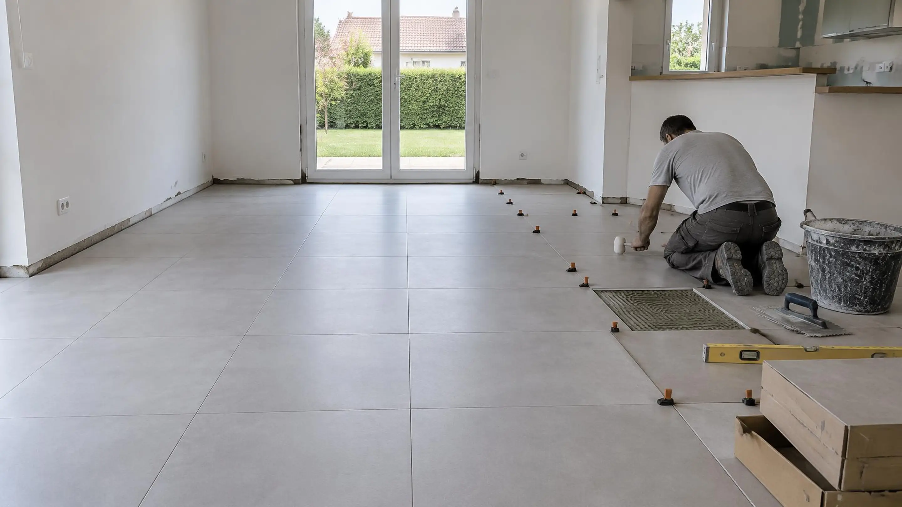 Carreleur à genoux, vu de dos, qui règle au maillet un grand carreau gris clair dans une pièce en travaux, cales et seau autour