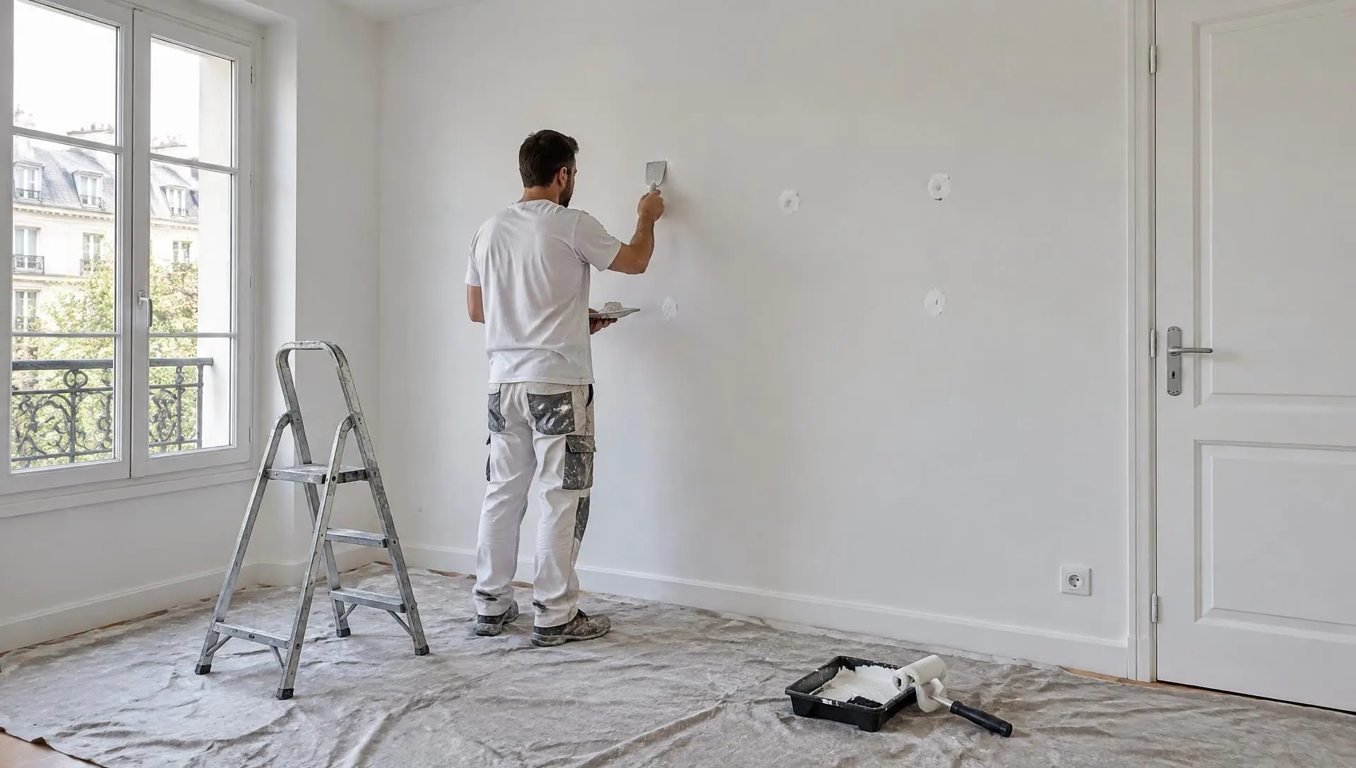 Artisan en tenue blanche qui rebouche le mur d’une pièce vide avant de la peindre, escabeau, bâche et bac à peinture au sol
