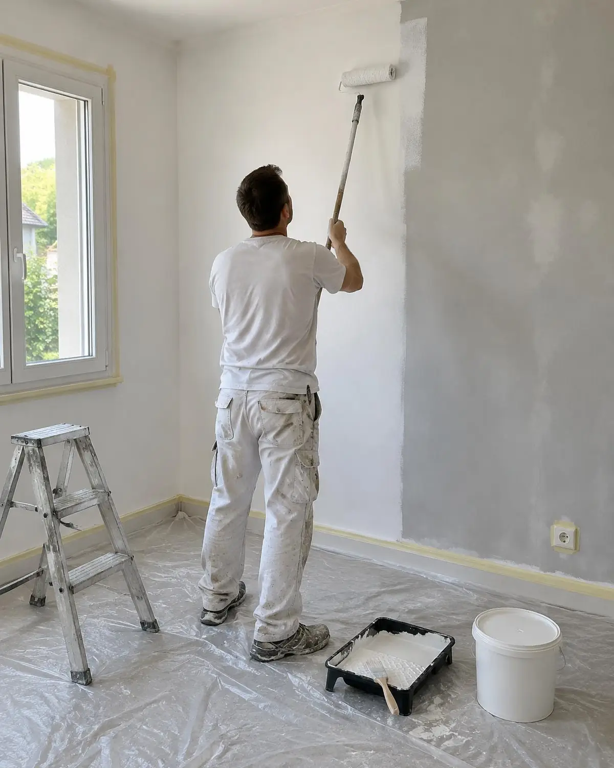 Peintre vu de dos, en tenue blanche, qui passe un rouleau à manche sur le mur d’une chambre en travaux, sol bâché