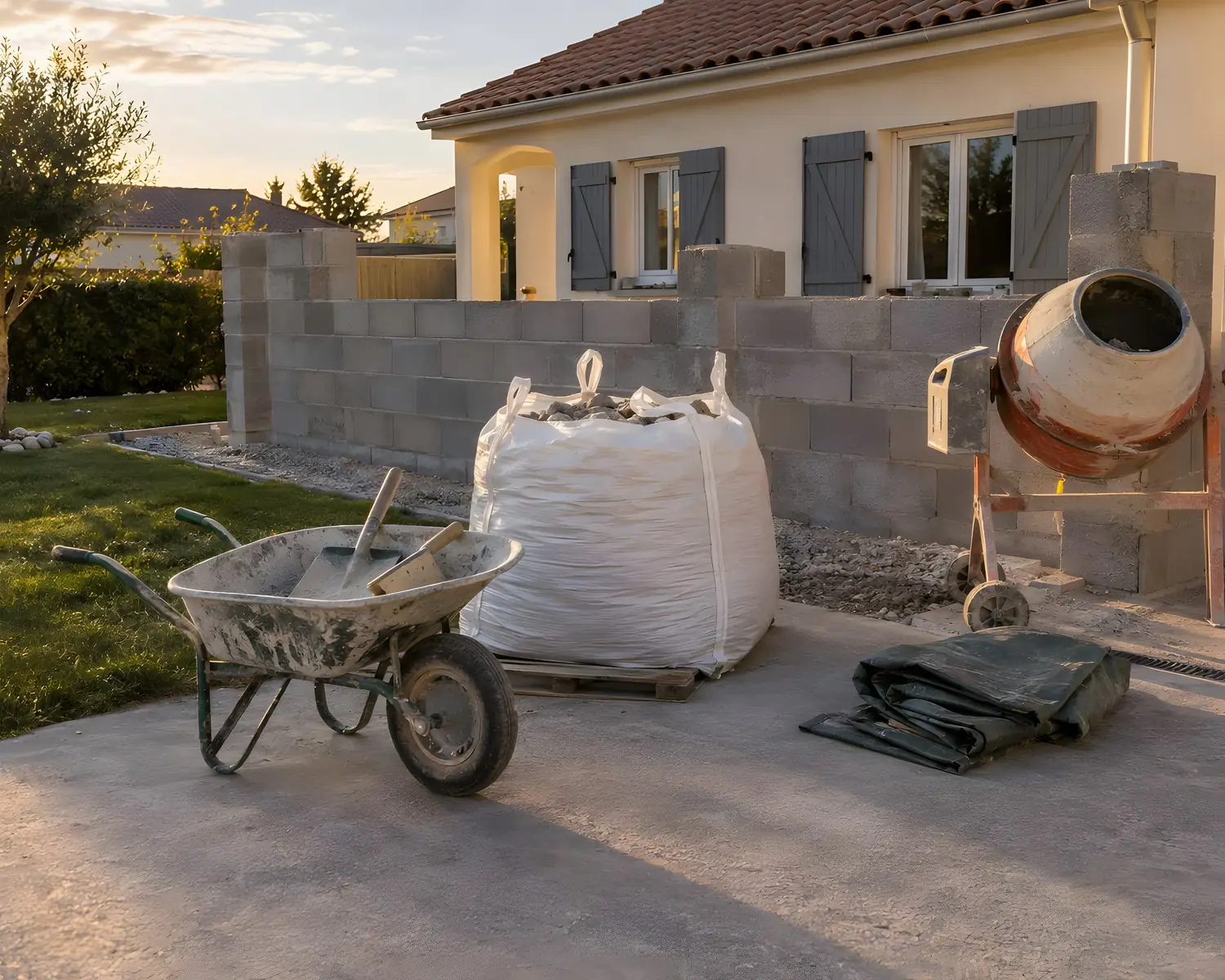 Chantier de muret rangé le soir : big bag de gravats, brouette, bétonnière et bâche pliée sur la dalle