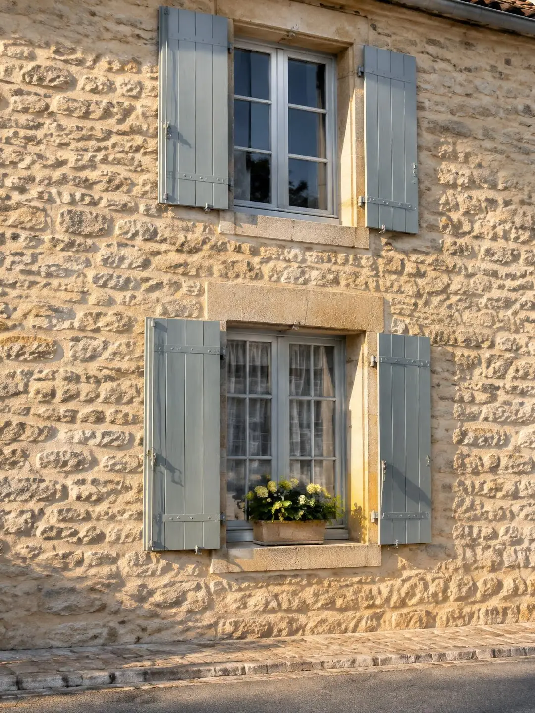 Vieille maison en pierre calcaire aux joints refaits à la chaux, fenêtres à petits carreaux et volets gris-bleu