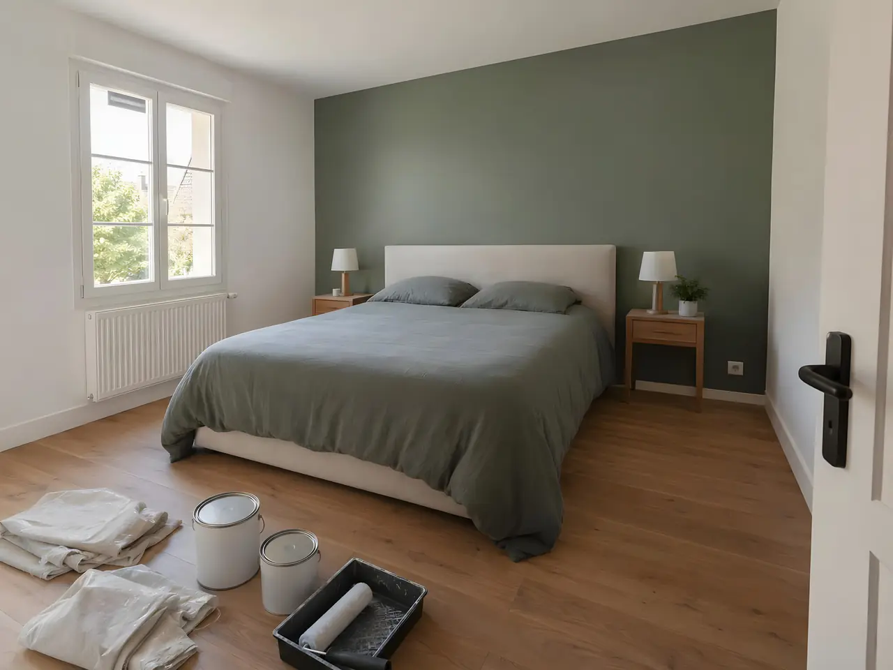 Chambre repeinte : mur vert sauge derrière le lit, murs et plafond blancs, pots de peinture, rouleau et bâches posés au sol