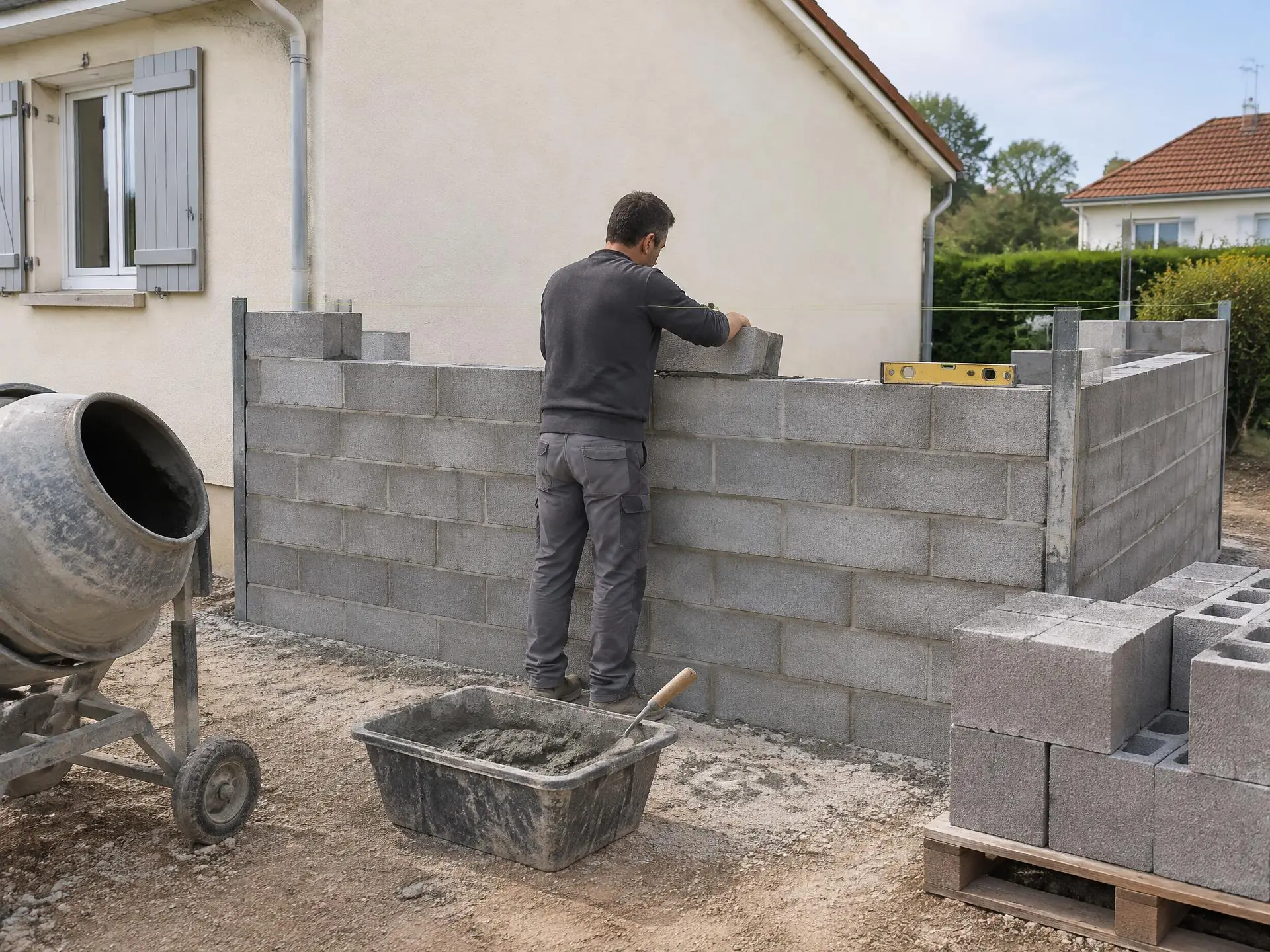 Maçon qui pose un parpaing sur un mur monté au cordeau, joints réguliers et rangs décalés, près d’une maison