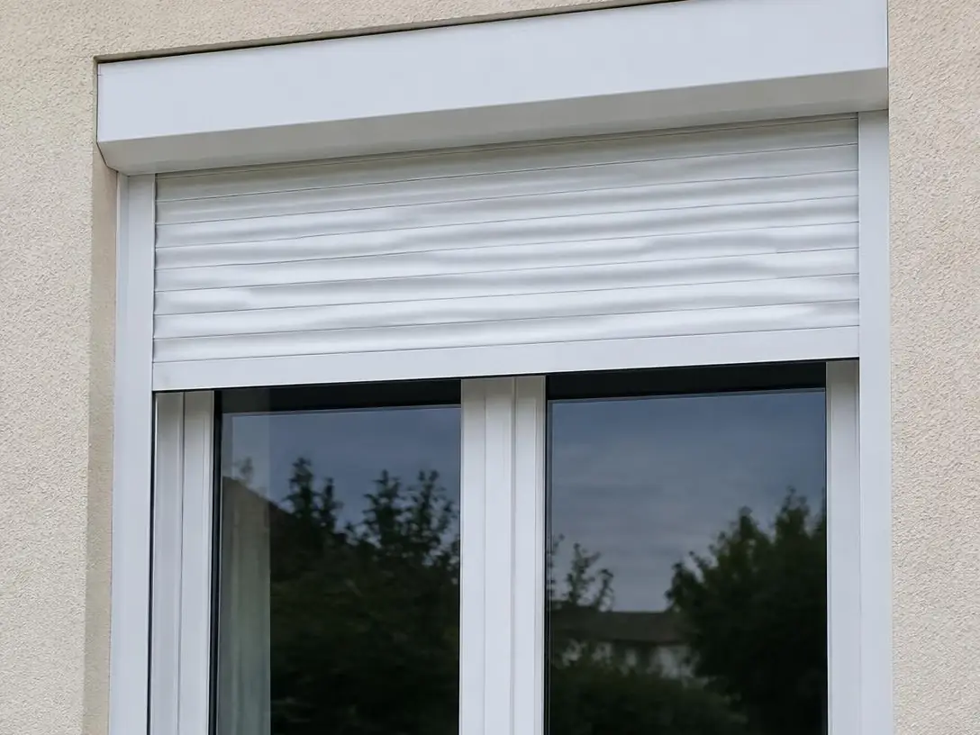 Fenêtre blanche sous son volet roulant blanc, sur une façade crépie claire, arbuste au pied du mur