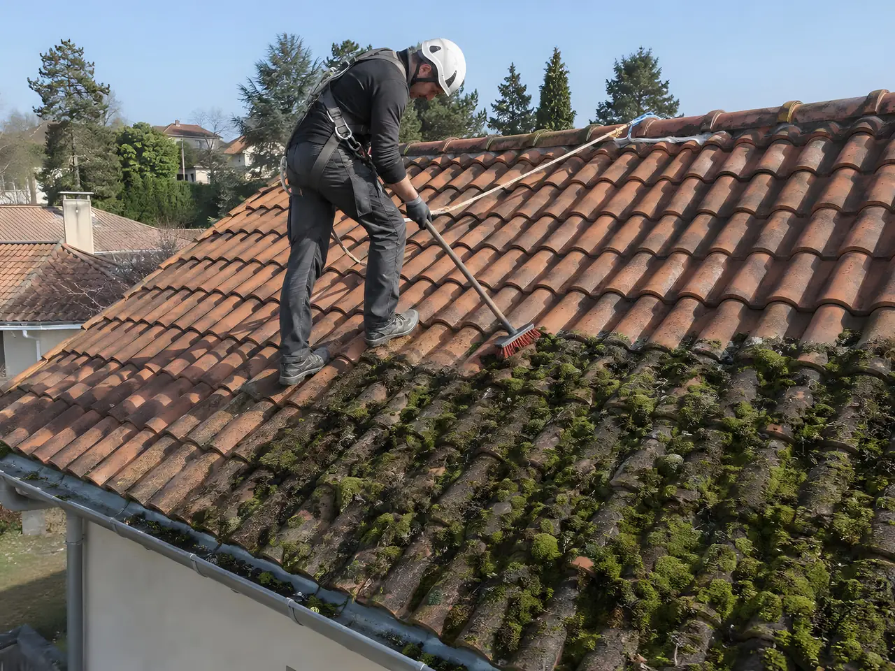 Ouvrier encordé et casqué qui brosse la mousse d’un toit de tuiles, moitié propre, moitié encore verte
