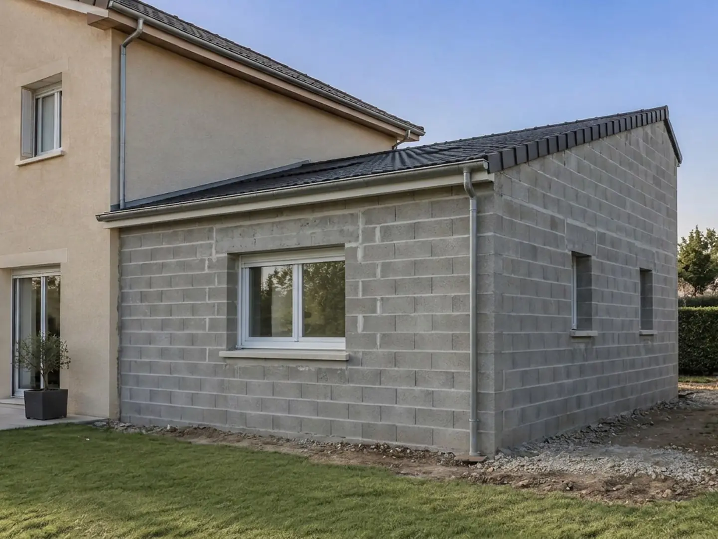 Extension de plain-pied en parpaing brut accolée à une maison enduite ton sable, terre nue au pied du mur