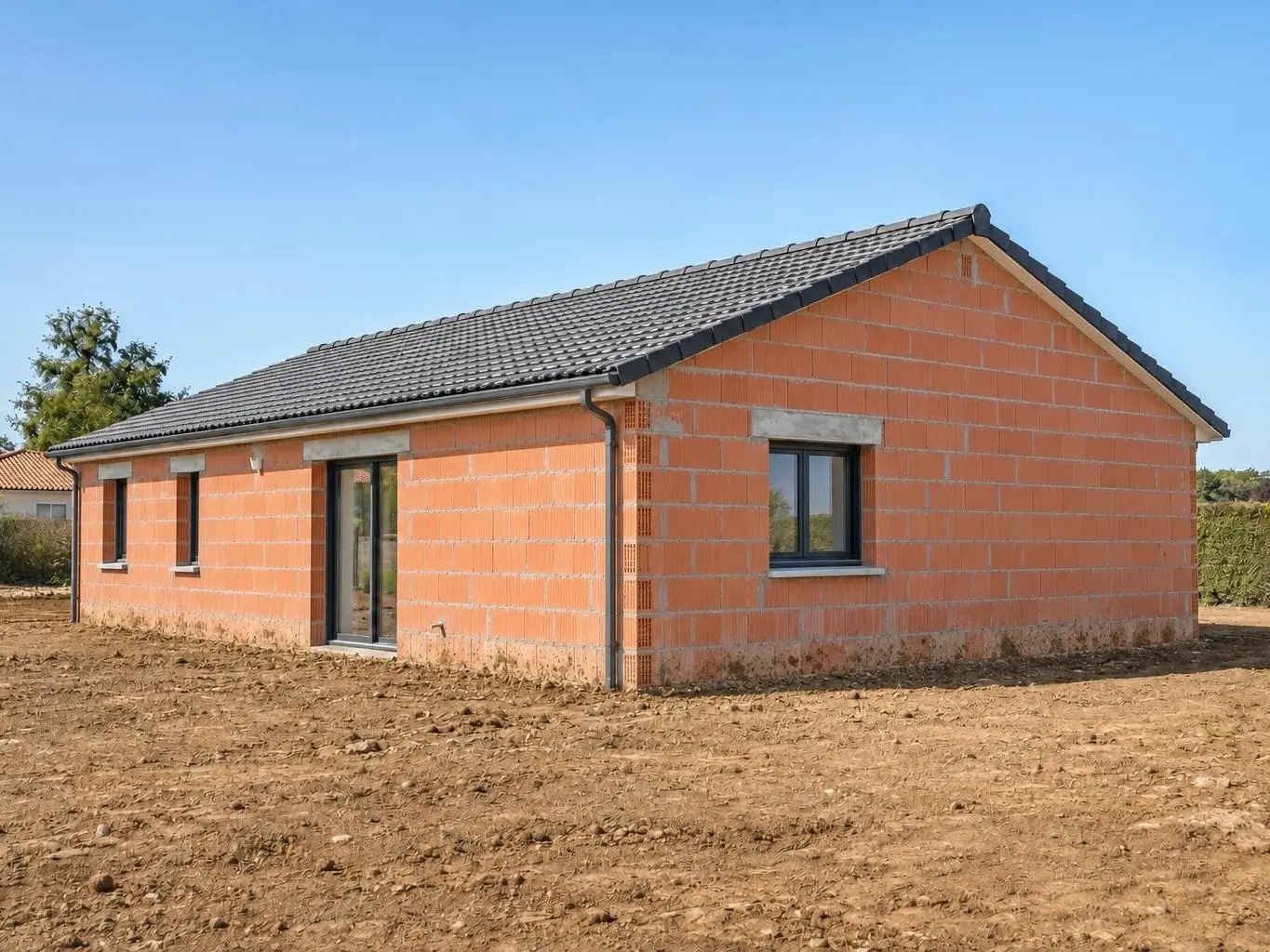 Maison neuve de plain-pied aux murs en briques rouges à nu, toit de tuiles grises, terre nue jusqu’au pied des murs