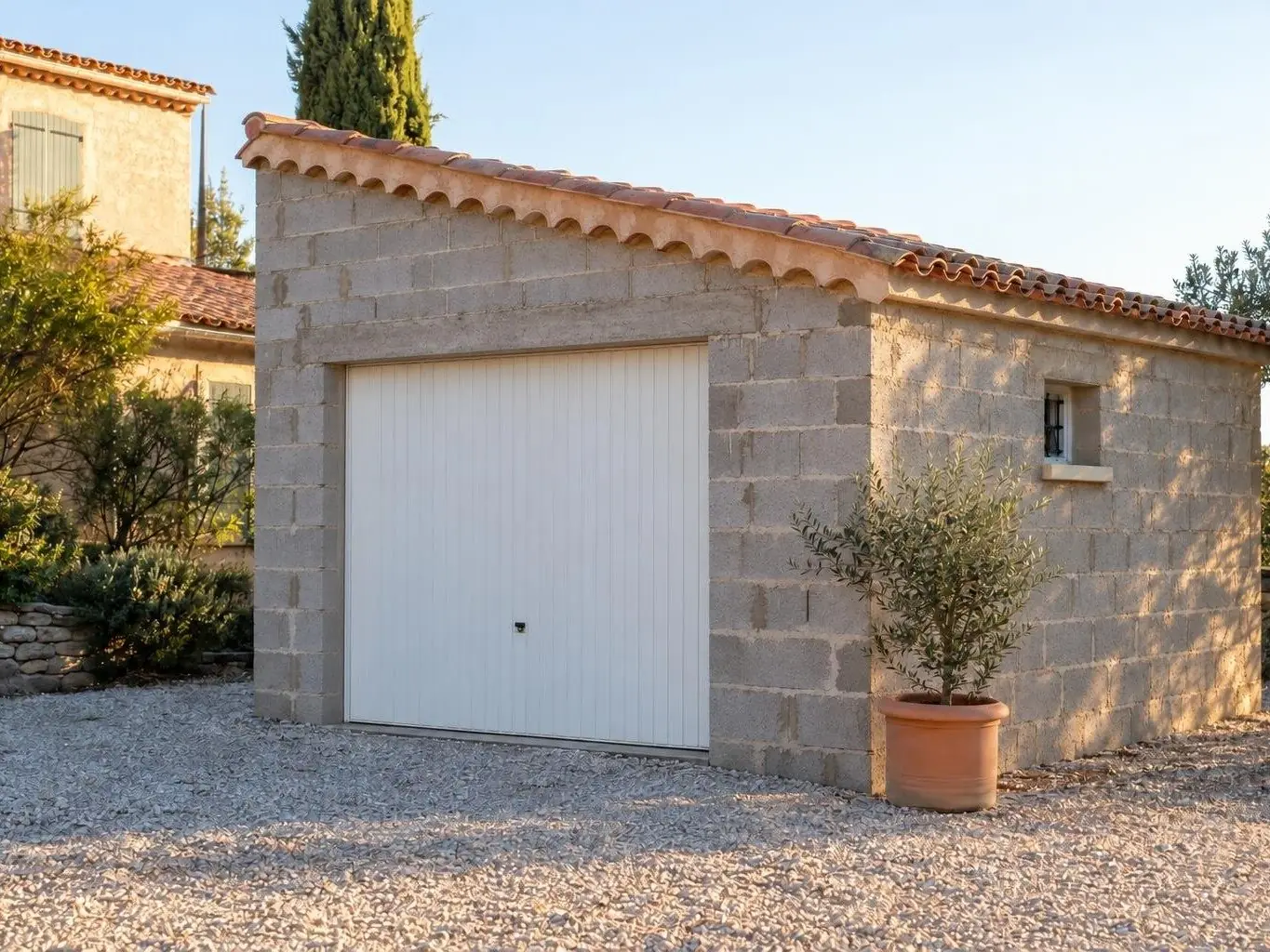 Garage en parpaings gris bruts sous un toit de tuiles canal, porte basculante blanche, olivier en pot sur le gravier