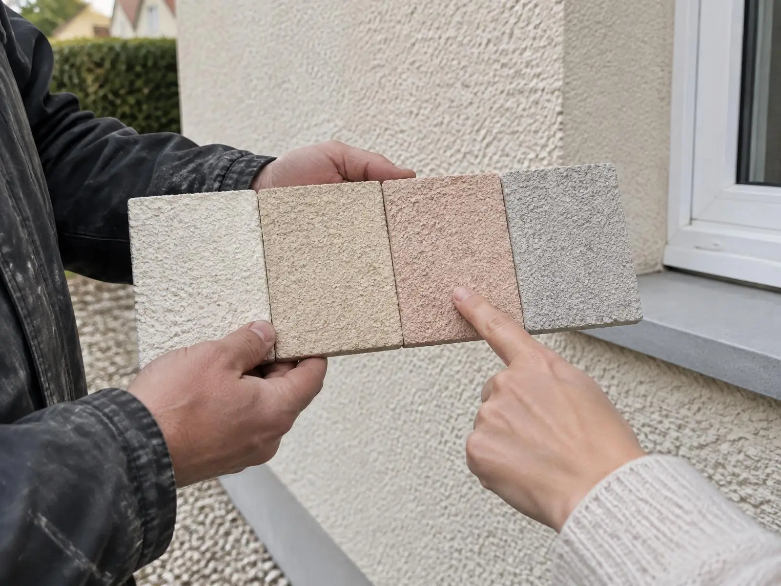 Échantillons de crépi de quatre teintes tenus devant le mur d’une maison, la cliente en désigne un du doigt