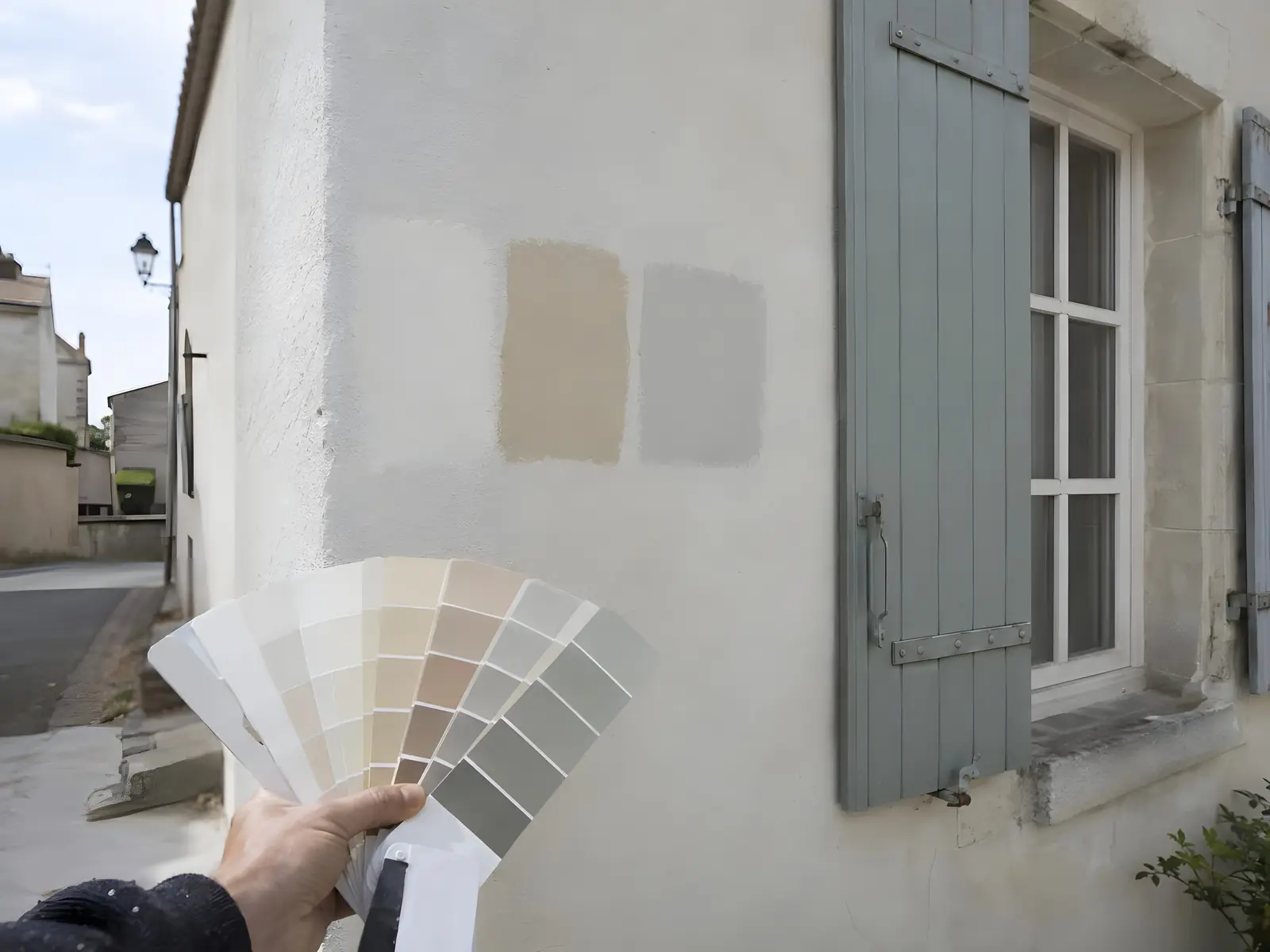 Nuancier tenu en éventail devant trois carrés d’essai de teinte peints sur une façade claire, près d’un volet gris-bleu