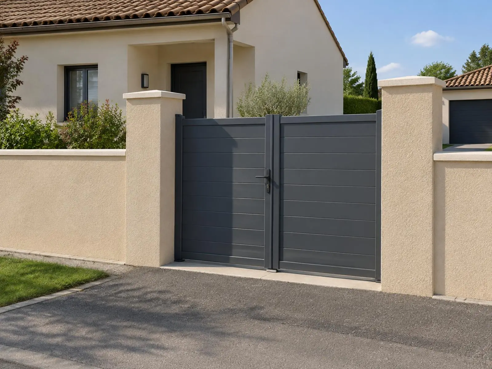 Mur de clôture et piliers de portail enduits d’un crépi beige, portail gris anthracite, pavillon derrière