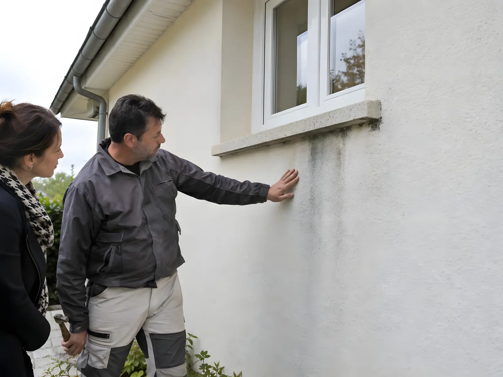 Artisan qui montre à une cliente, la main sur le mur, une coulure noire d’humidité sous un appui de fenêtre