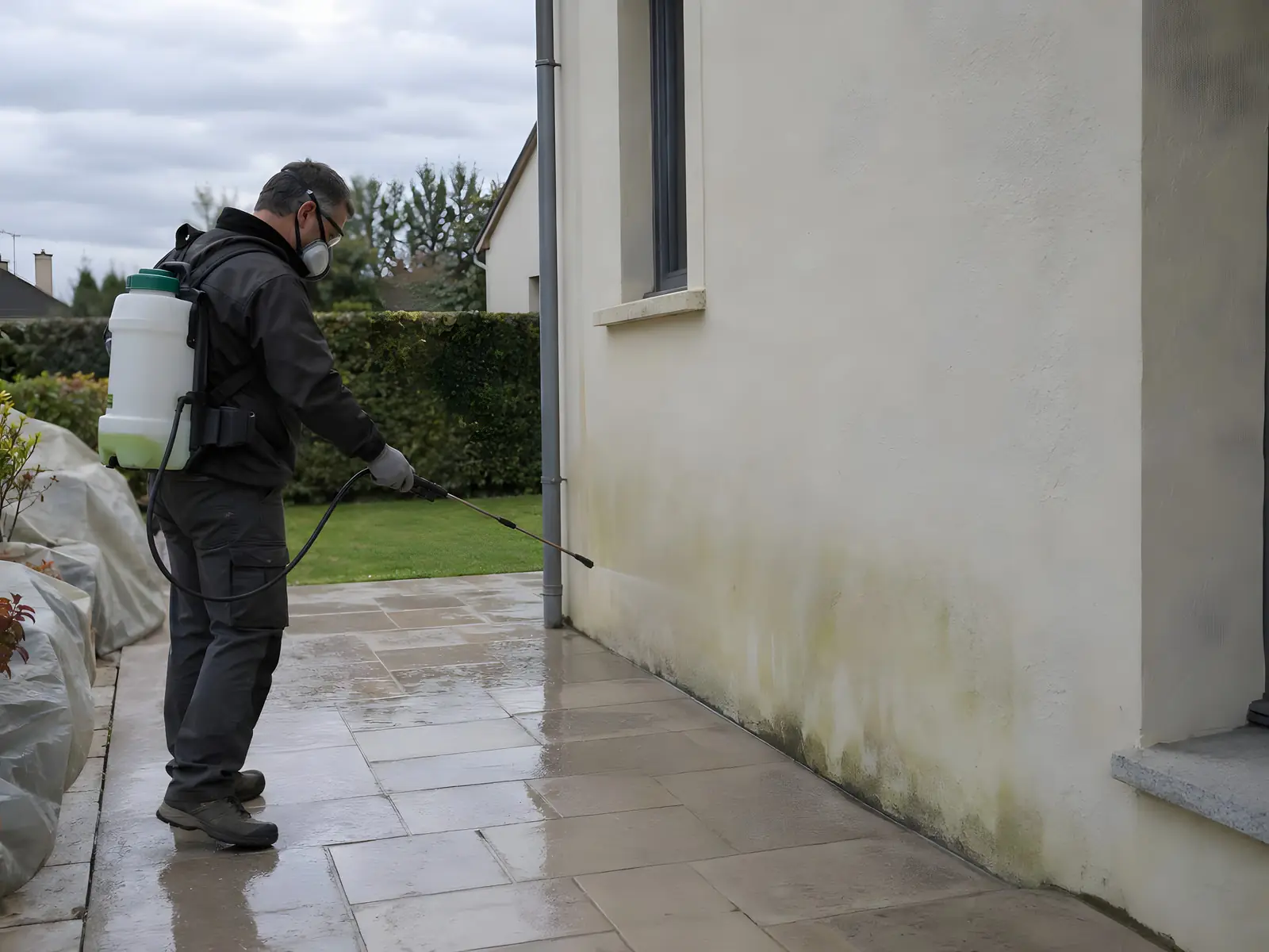 Artisan masqué qui pulvérise un traitement au pied d’une façade verdie, réservoir sur le dos, plantes bâchées