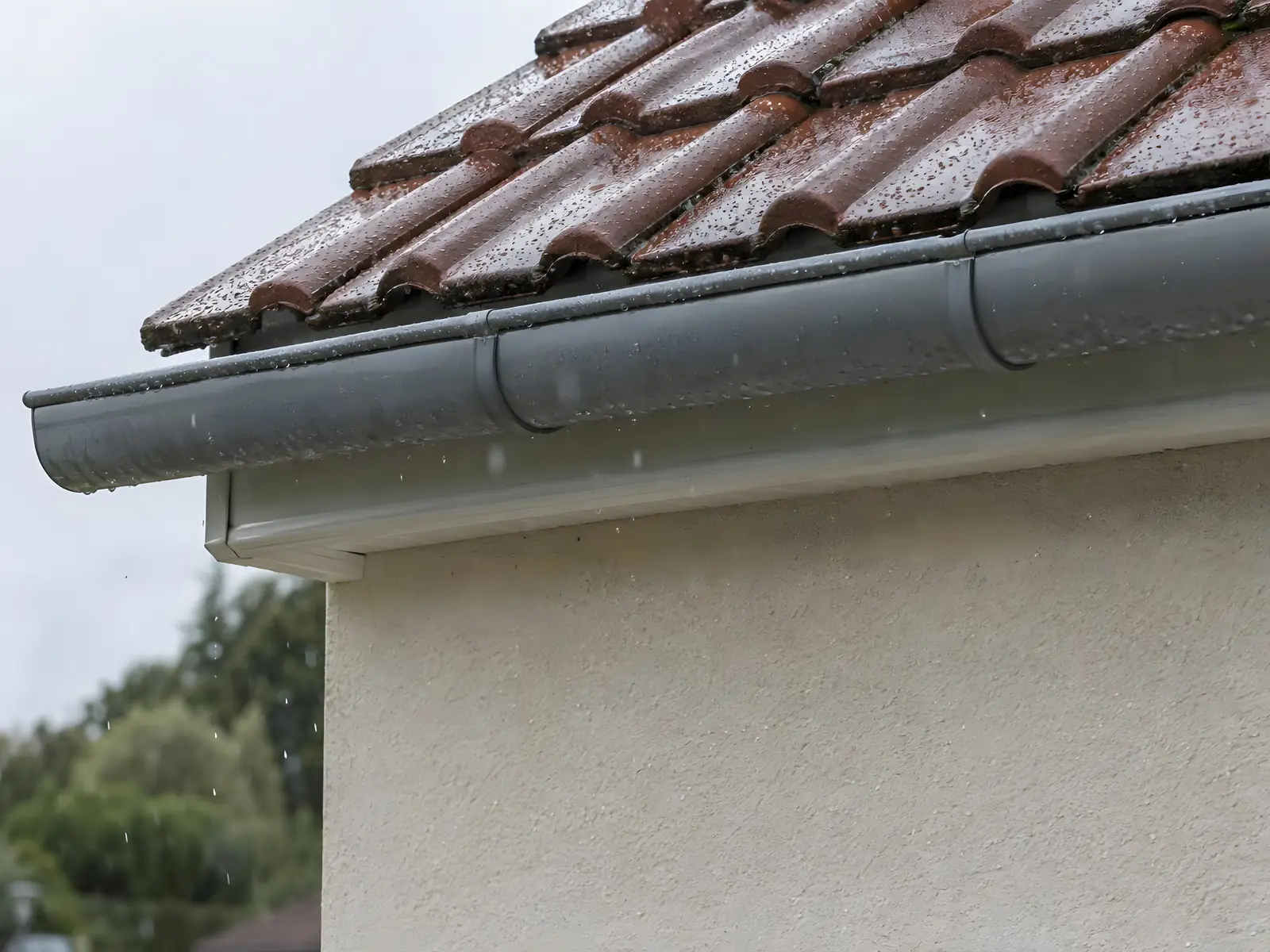 Gouttière grise neuve au bord d’un toit de tuiles mouillées, au-dessus d’une façade enduite, sous la pluie