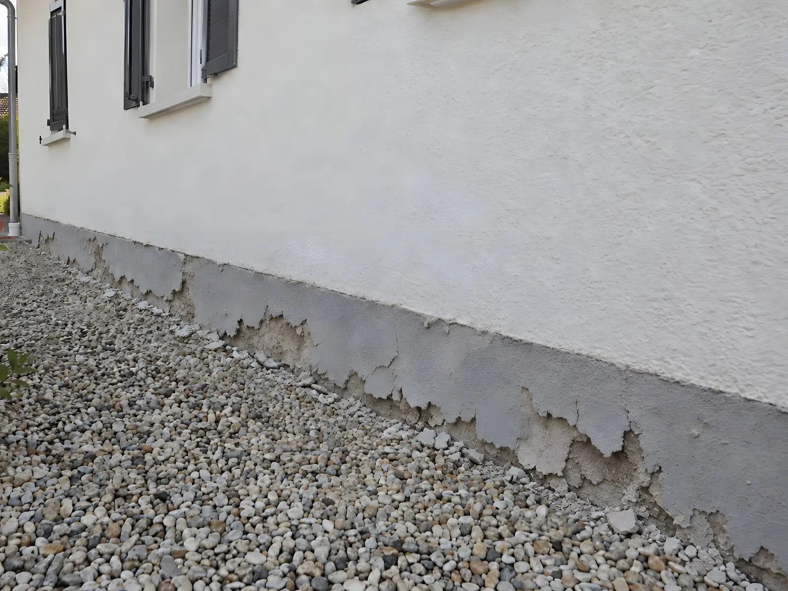 Soubassement gris d’une façade blanche qui s’écaille et tombe par plaques au-dessus des graviers