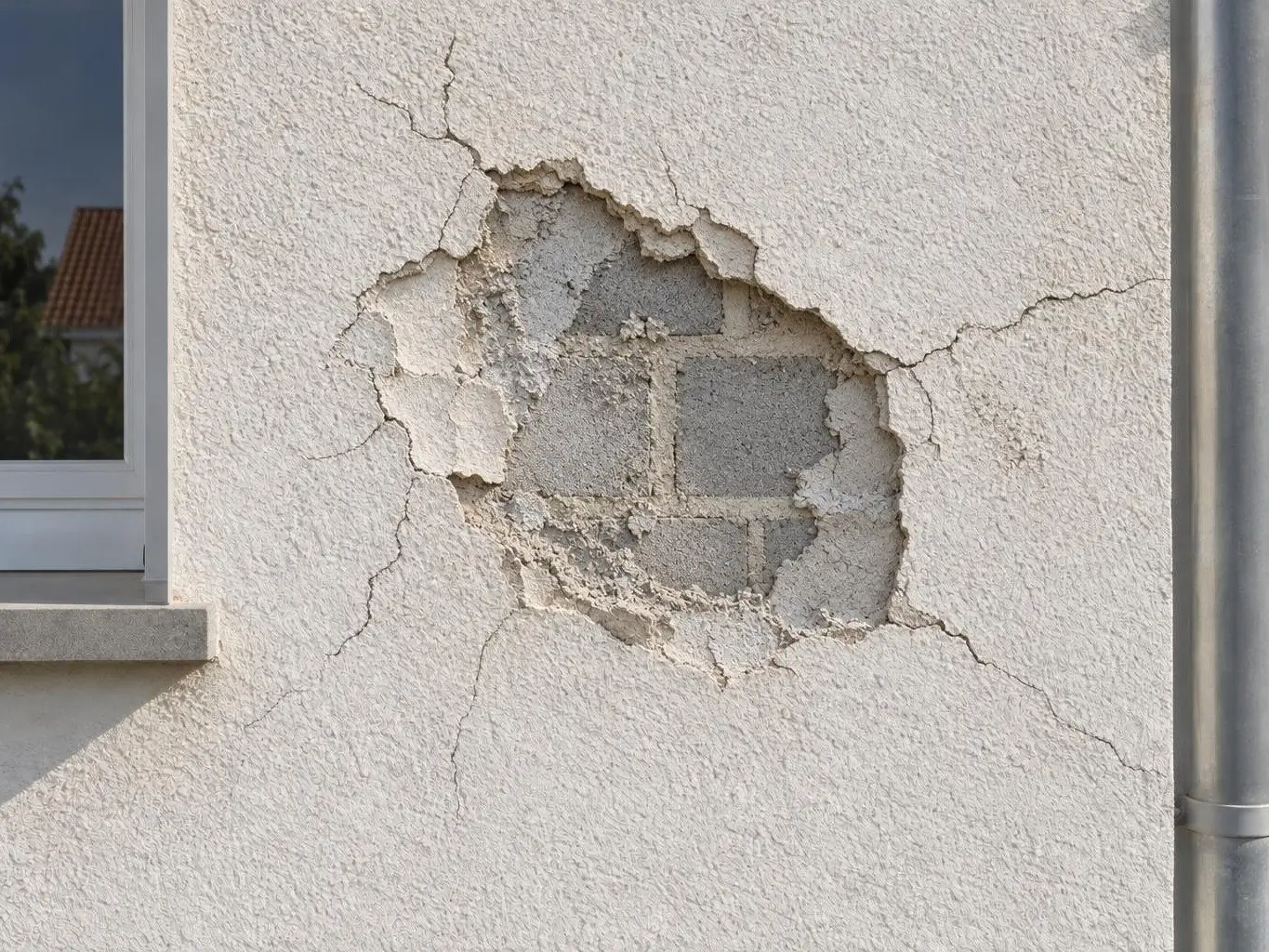 Crépi blanc cassé fendillé autour d’une plaque tombée laissant voir le parpaing, entre une fenêtre et une descente d’eau