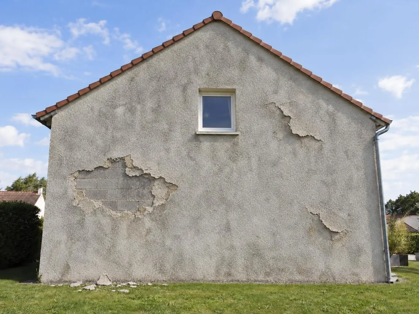 Pignon de pavillon au crépi gris terne décollé par plaques, parpaings visibles à gauche, débris de crépi sur la pelouse