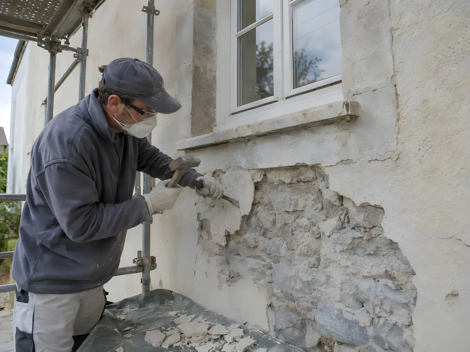 Façadier masqué et en lunettes qui piquette au marteau un vieil enduit décollé, laissant voir les moellons du mur