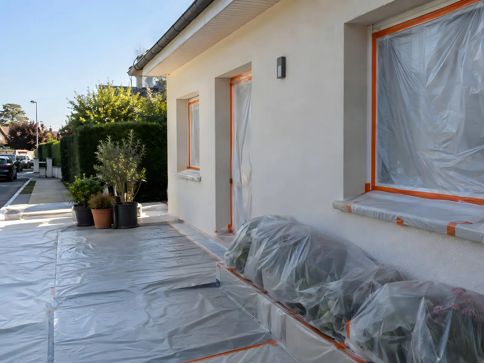 Pied de façade protégé avant travaux : fenêtres et porte sous film plastique, massifs et terrasse bâchés