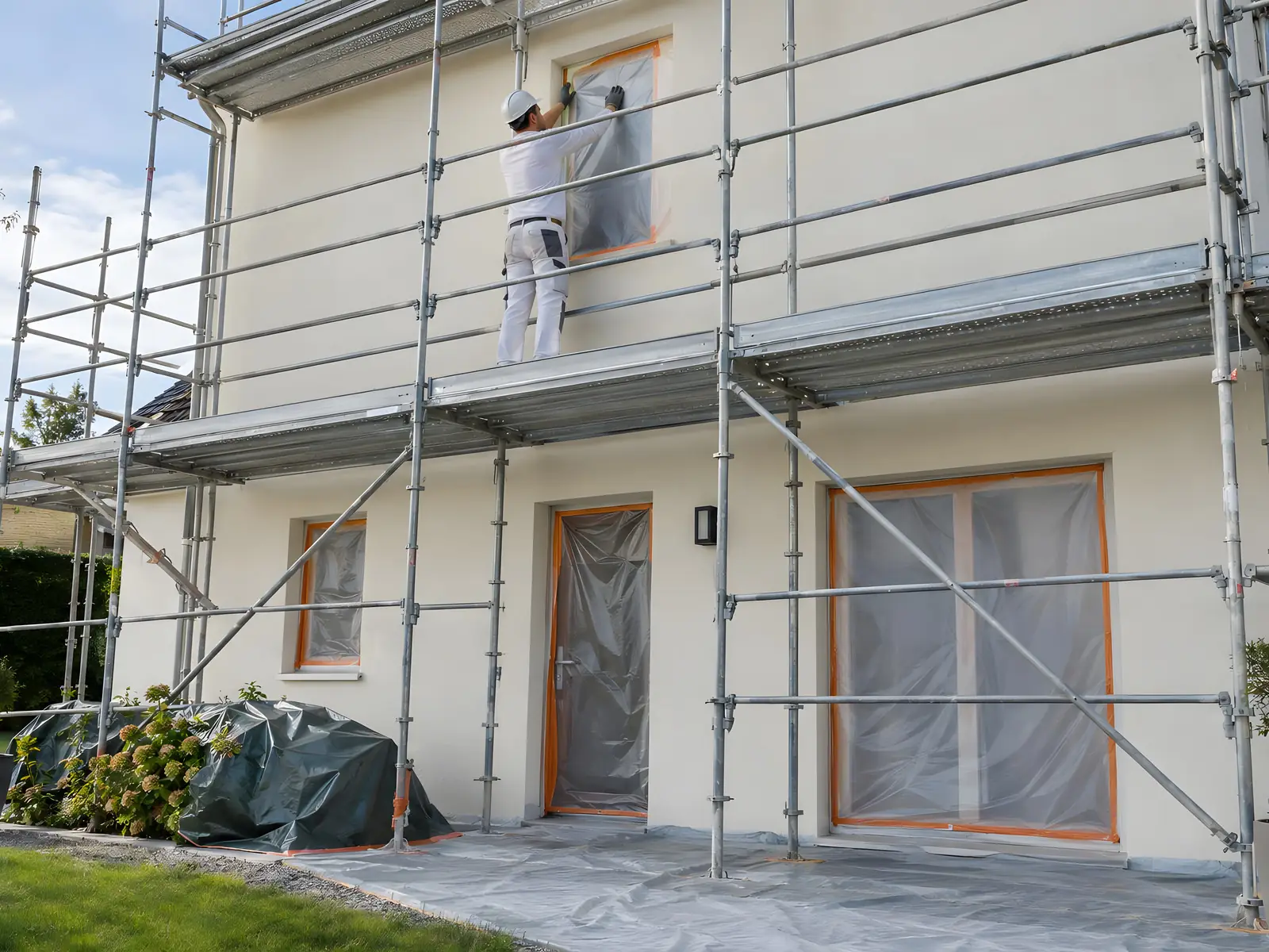 Maison sous échafaudage, ouvrier en blanc qui bâche une fenêtre de film plastique, massifs couverts au pied