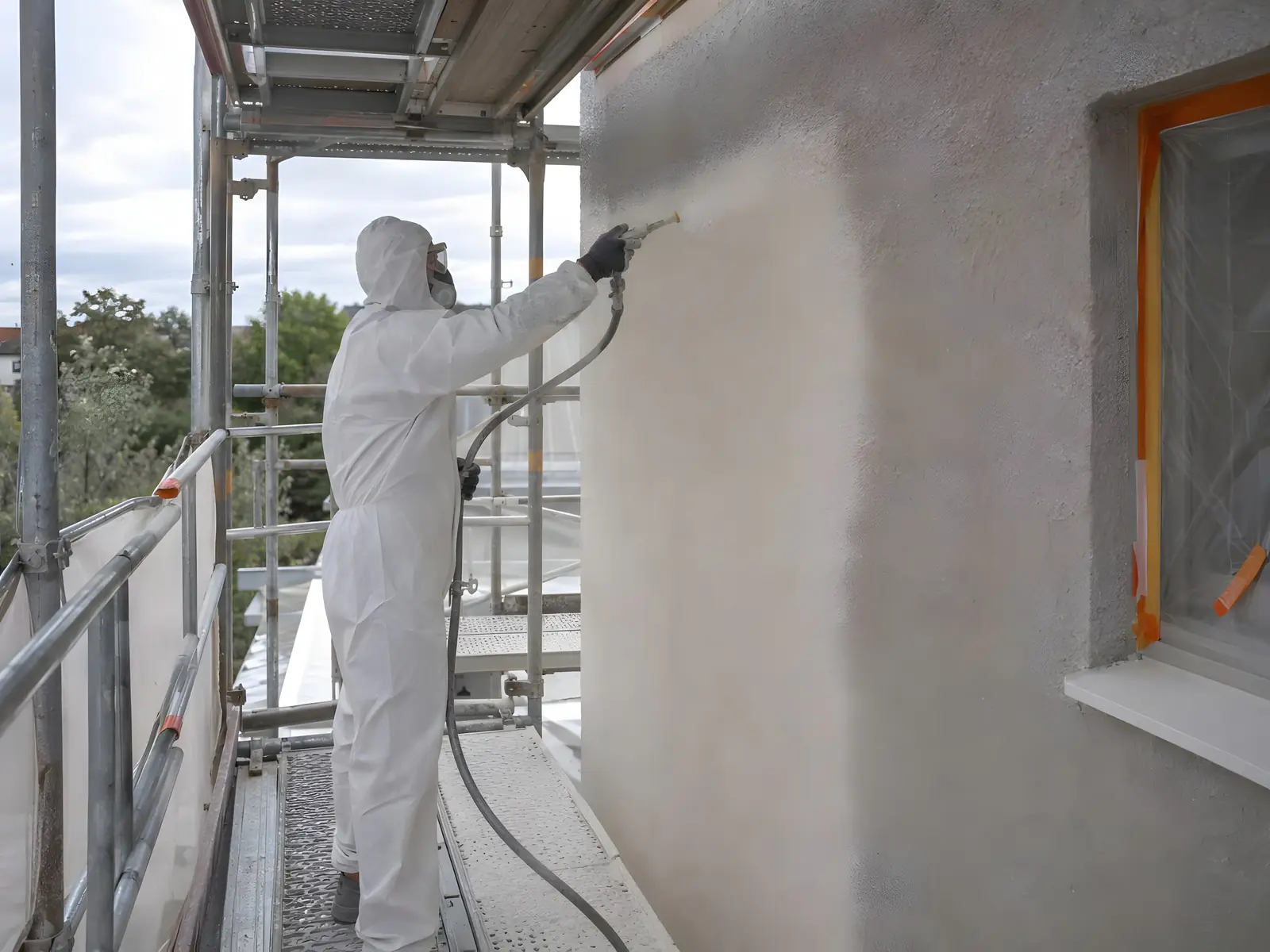 Façadier en combinaison et masque qui projette un enduit à la machine sur un mur, depuis un échafaudage