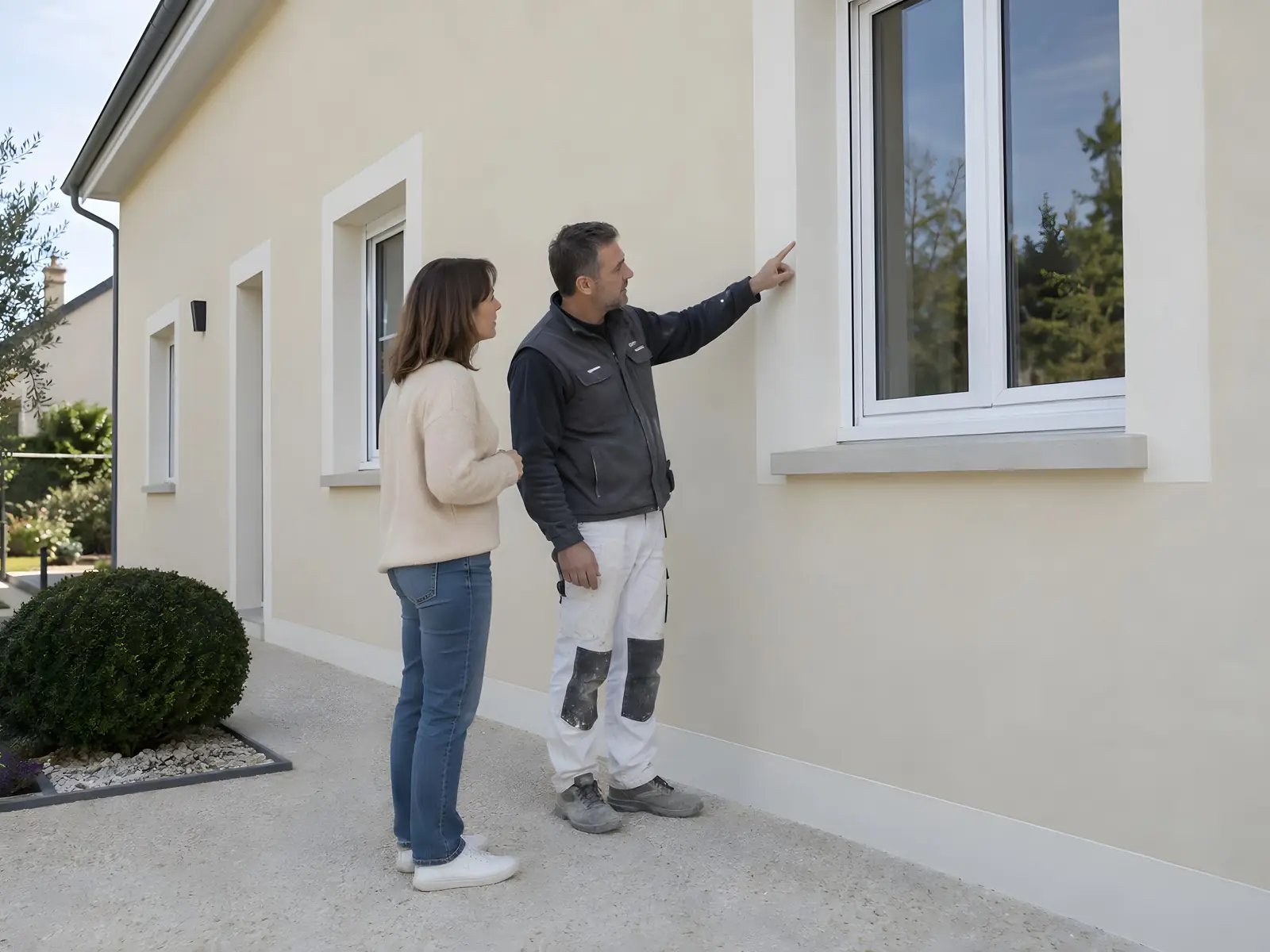 Artisan qui montre à une cliente l’encadrement d’une fenêtre sur une façade enduite beige refaite