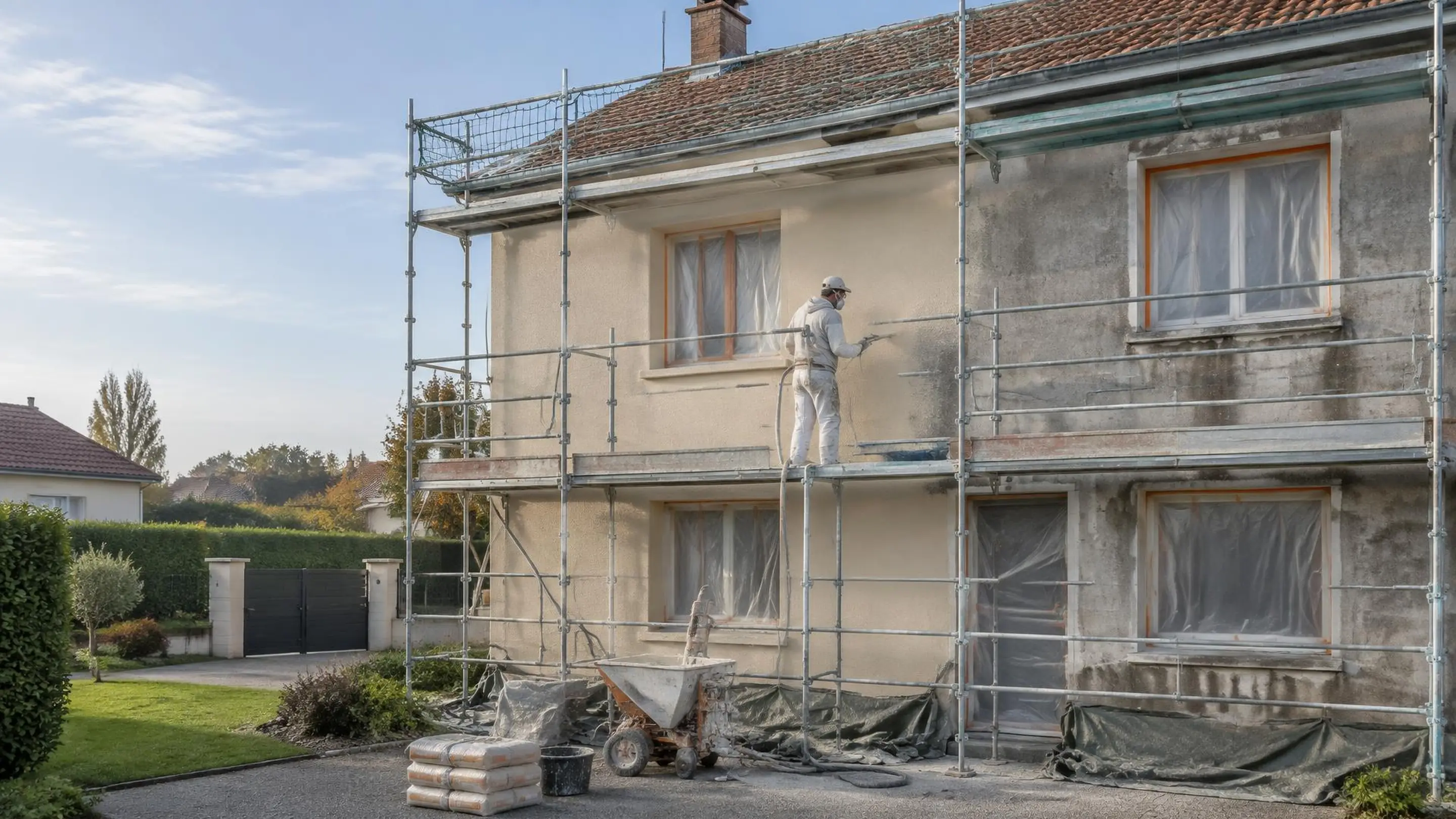 Pavillon sous échafaudage à moitié ravalé, façadier masqué qui projette le crépi, fenêtres sous film plastique