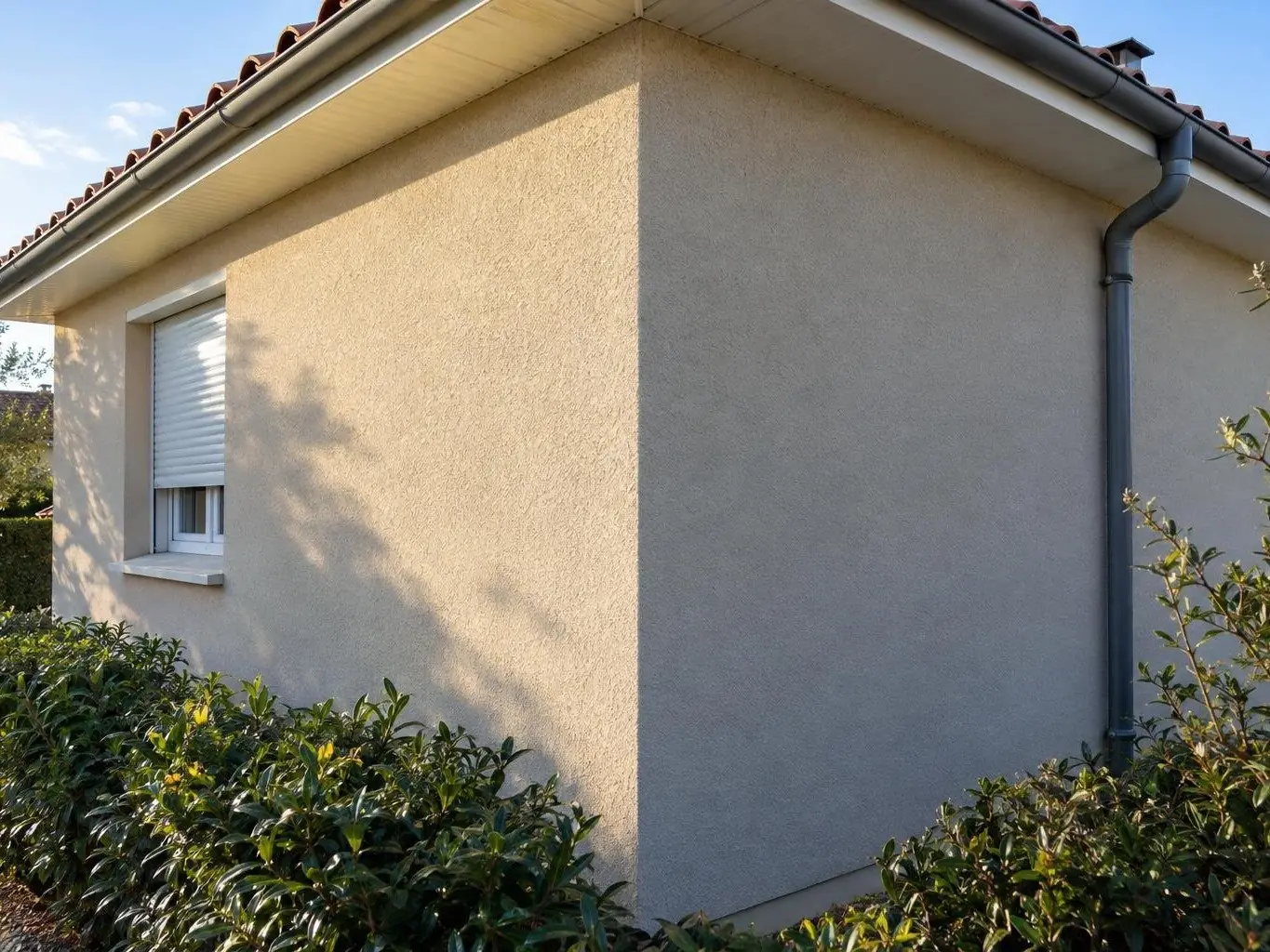 Angle de pavillon en crépi beige uniforme, arête droite et nette du toit à la haie, descente d’eau à droite