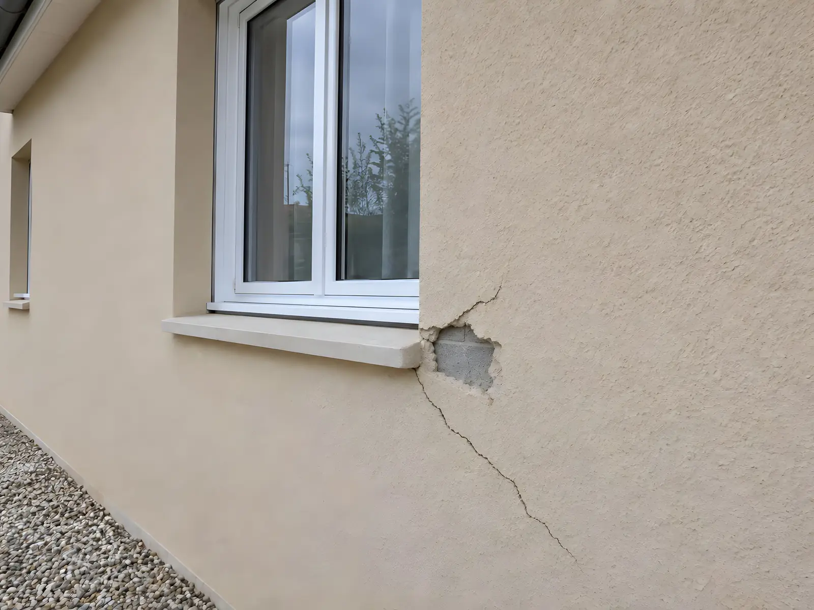 Façade enduite beige fendue sous l’angle d’un appui de fenêtre, un éclat d’enduit tombé laisse voir le parpaing