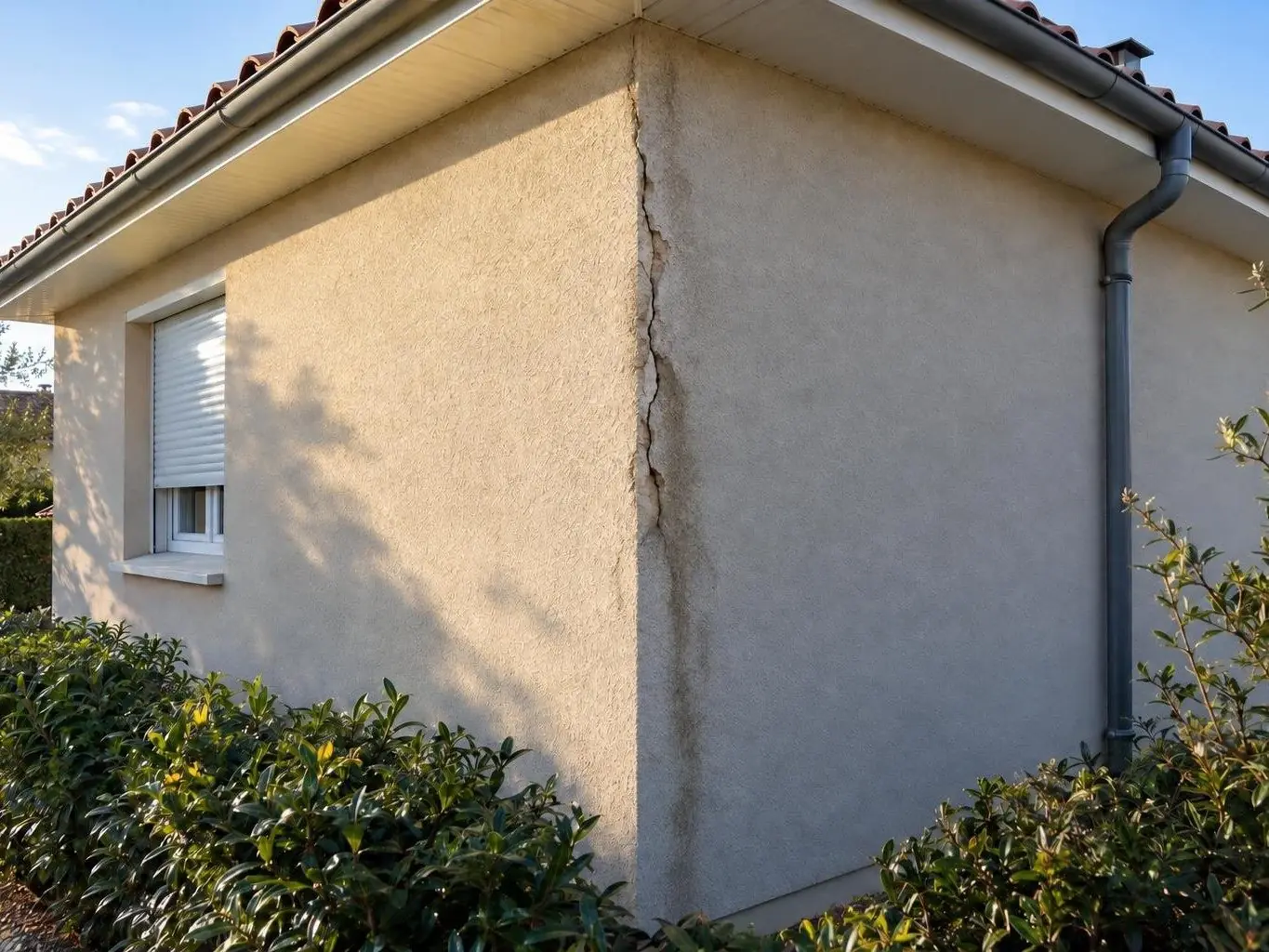Angle de pavillon en crépi beige parcouru d’une fissure ouverte du toit vers le bas, traînée sombre d’humidité