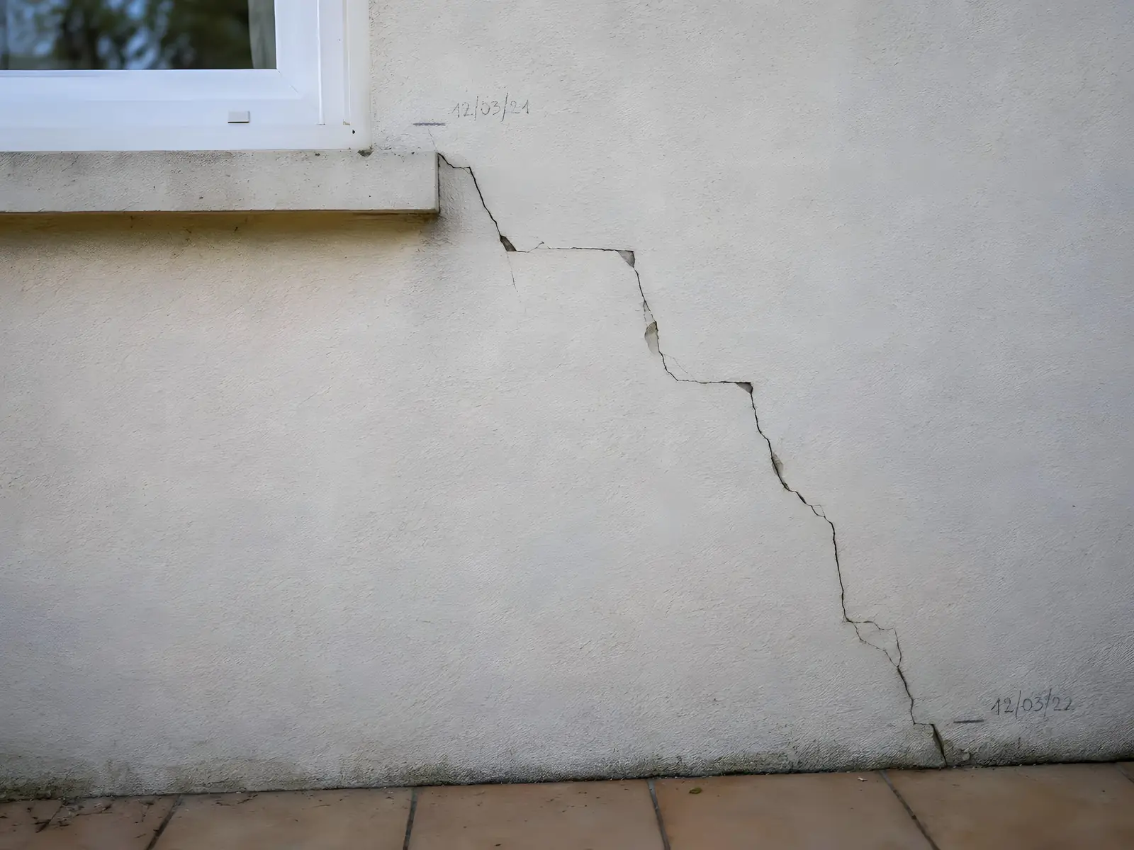 Longue fissure en escalier qui descend d’un appui de fenêtre, dates notées au crayon à ses deux extrémités
