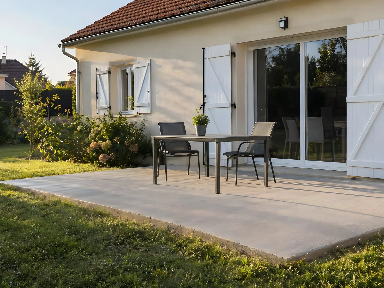 Terrasse en béton lisse devant une baie vitrée aux volets blancs, avec table et deux chaises au bord de la pelouse