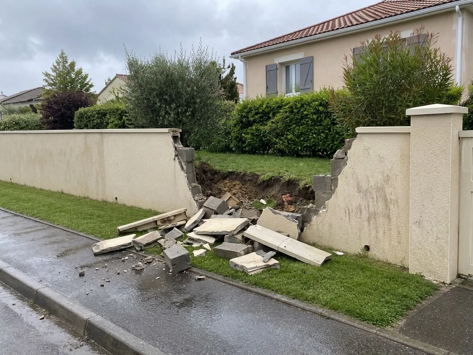 Mur de clôture enduit effondré au bord du trottoir, parpaings et chaperons à terre, pavillon derrière la haie
