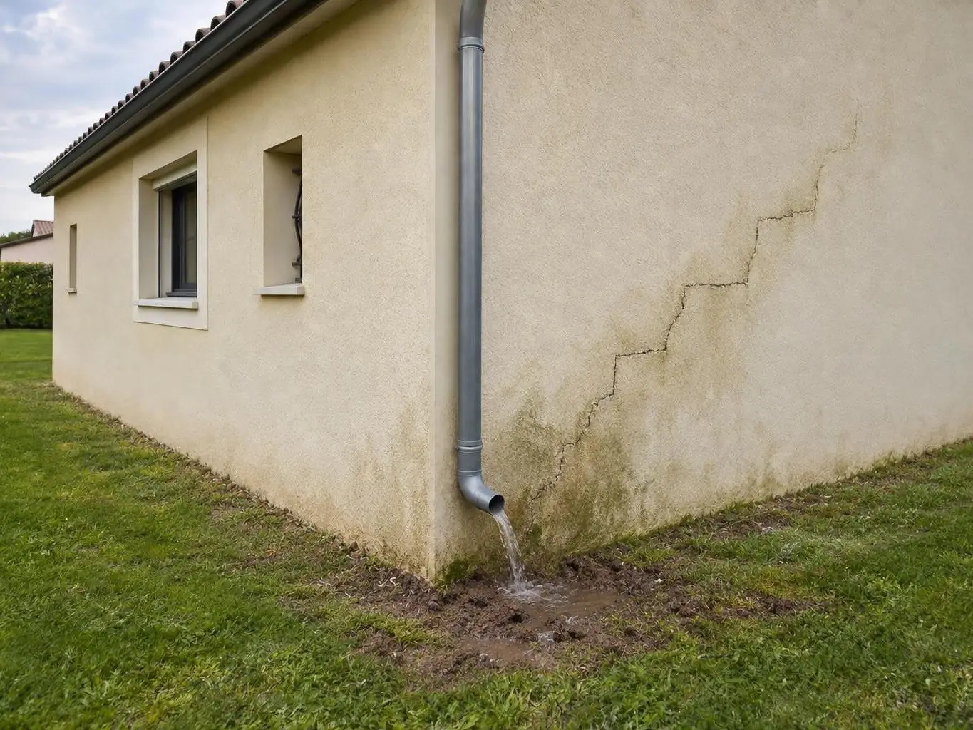 Angle de pavillon en crépi beige, fissure en escalier près d’une descente d’eau qui se déverse dans la terre