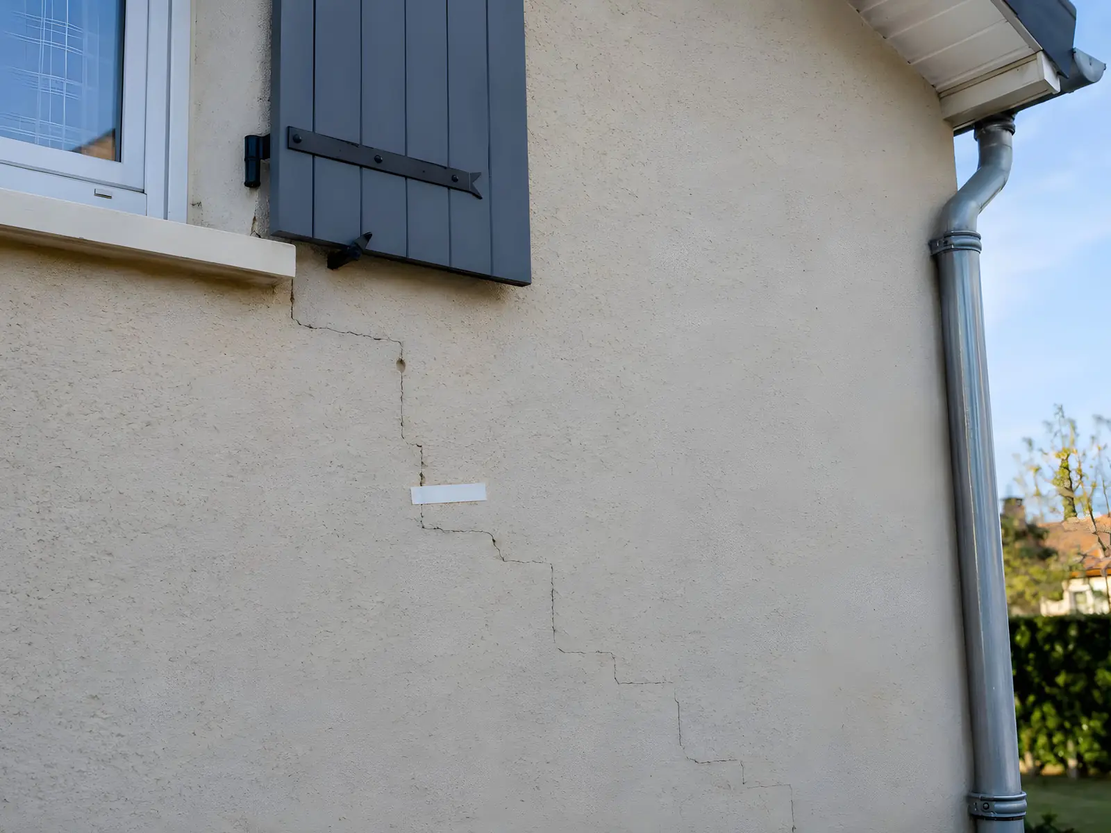 Fissure en escalier qui descend du coin d’une fenêtre sur un pignon enduit beige, un témoin blanc collé en travers