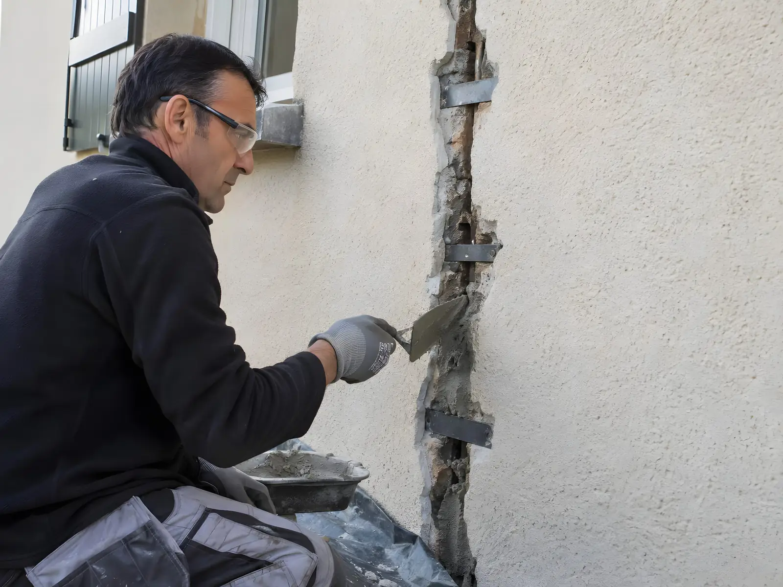Maçon à lunettes qui garnit au mortier une fissure ouverte en saignée, agrafée de fers plats scellés en travers