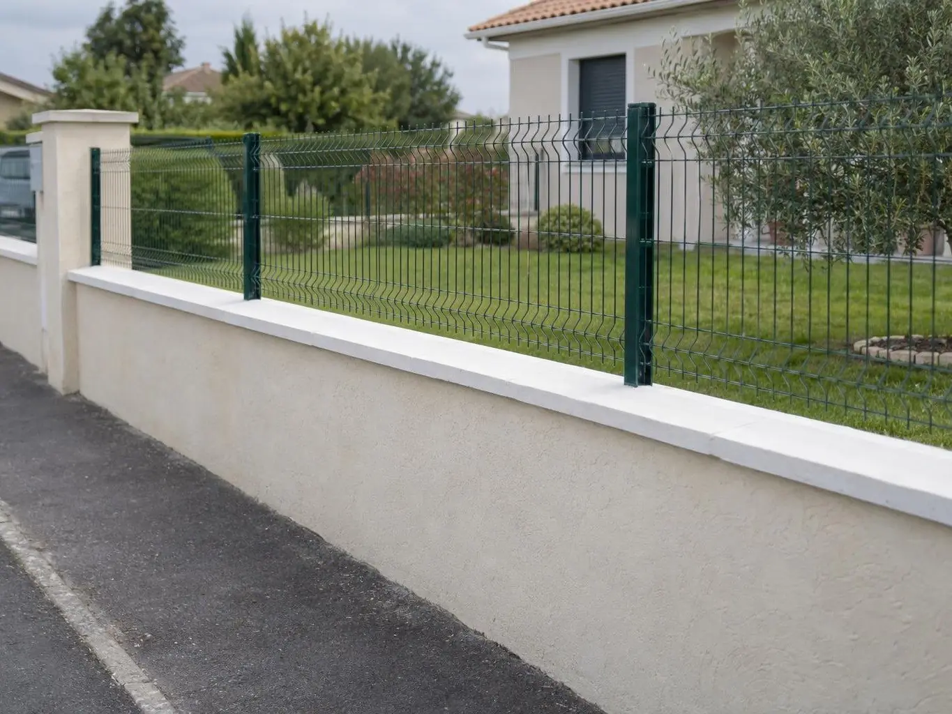 Muret de clôture enduit beige clair coiffé d’un chaperon blanc, grillage rigide vert foncé, le long d’un trottoir