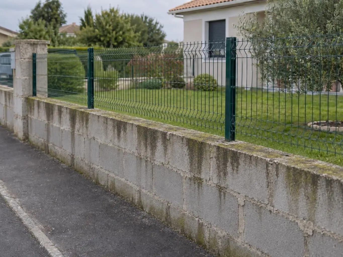 Muret de clôture en parpaings bruts tachés de vert sous un grillage rigide vert foncé, le long d’un trottoir