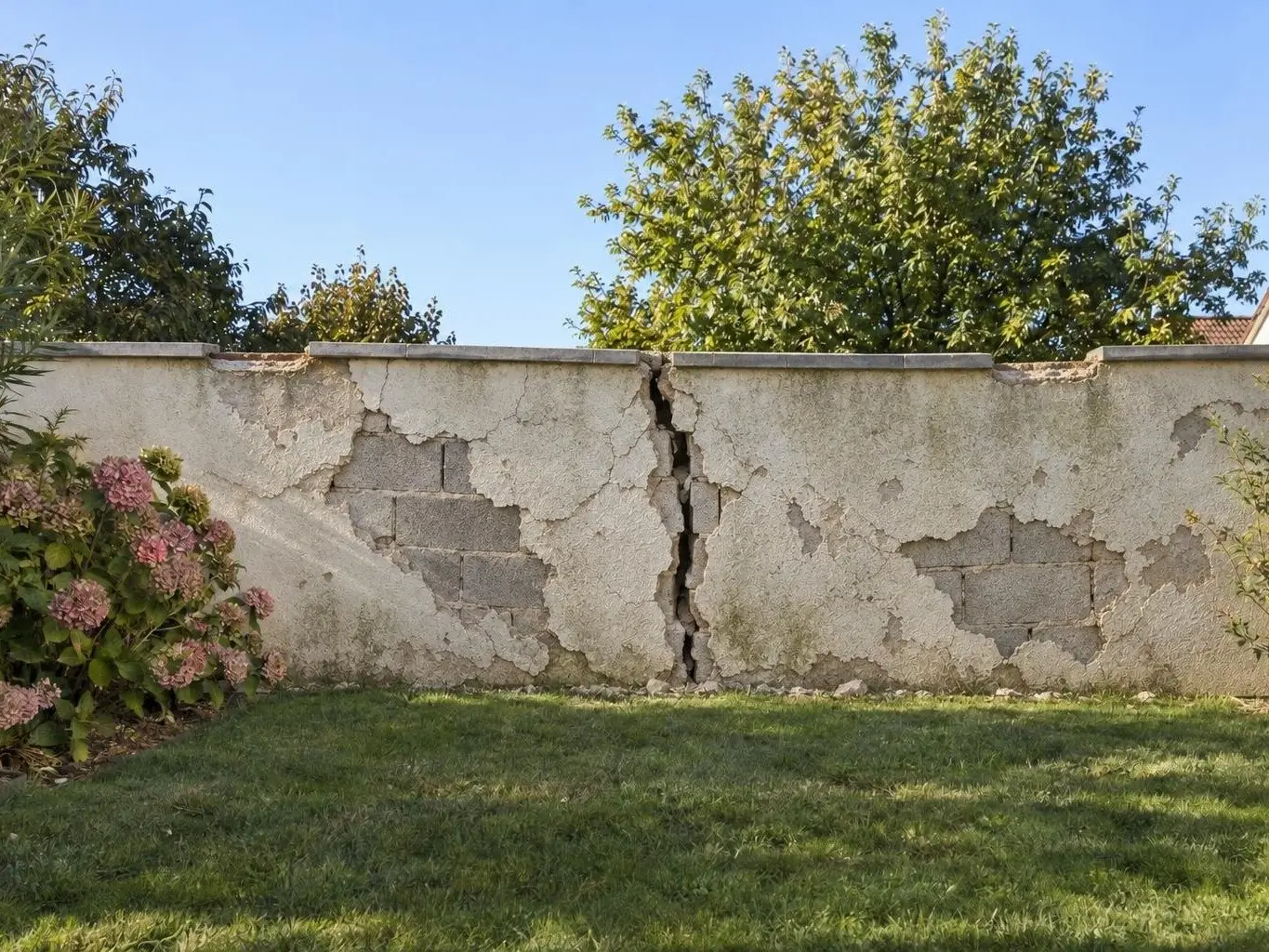 Mur de jardin fendu de haut en bas, enduit tombé par plaques sur les parpaings, hortensias roses à gauche