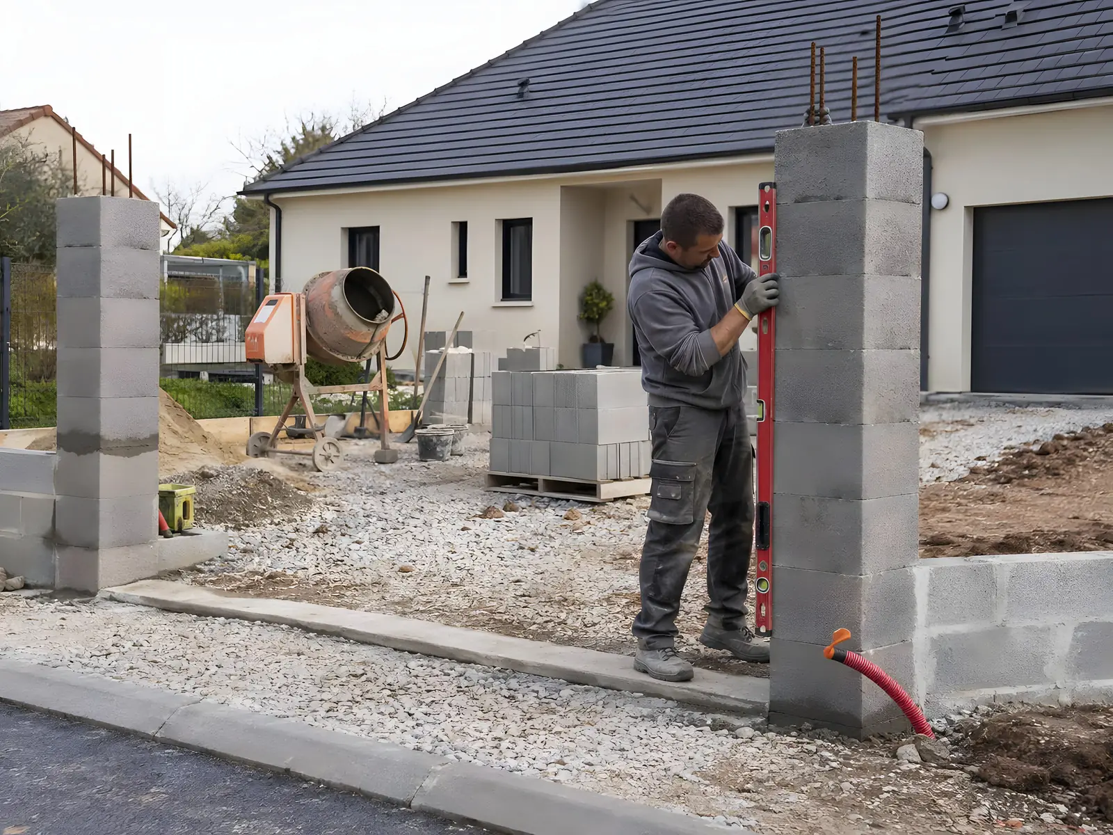 Maçon qui vérifie au niveau un pilier de portail en parpaings creux, des fers dépassant du haut