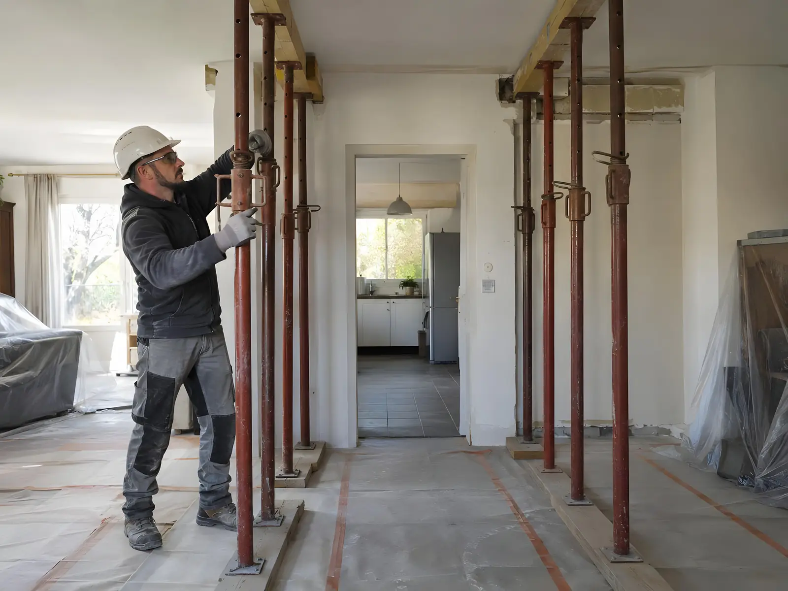 Maçon casqué qui serre un étai sous un bastaing du plafond, rangées d’étais de part et d’autre d’une porte