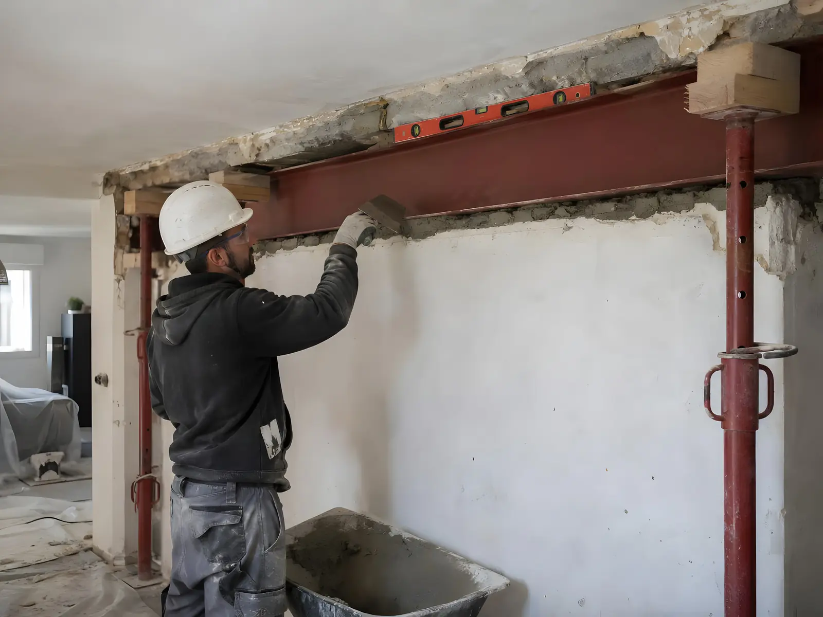 Maçon casqué qui bourre au mortier le dessus d’une poutre métallique rouge posée dans un mur, soutenue par des étais