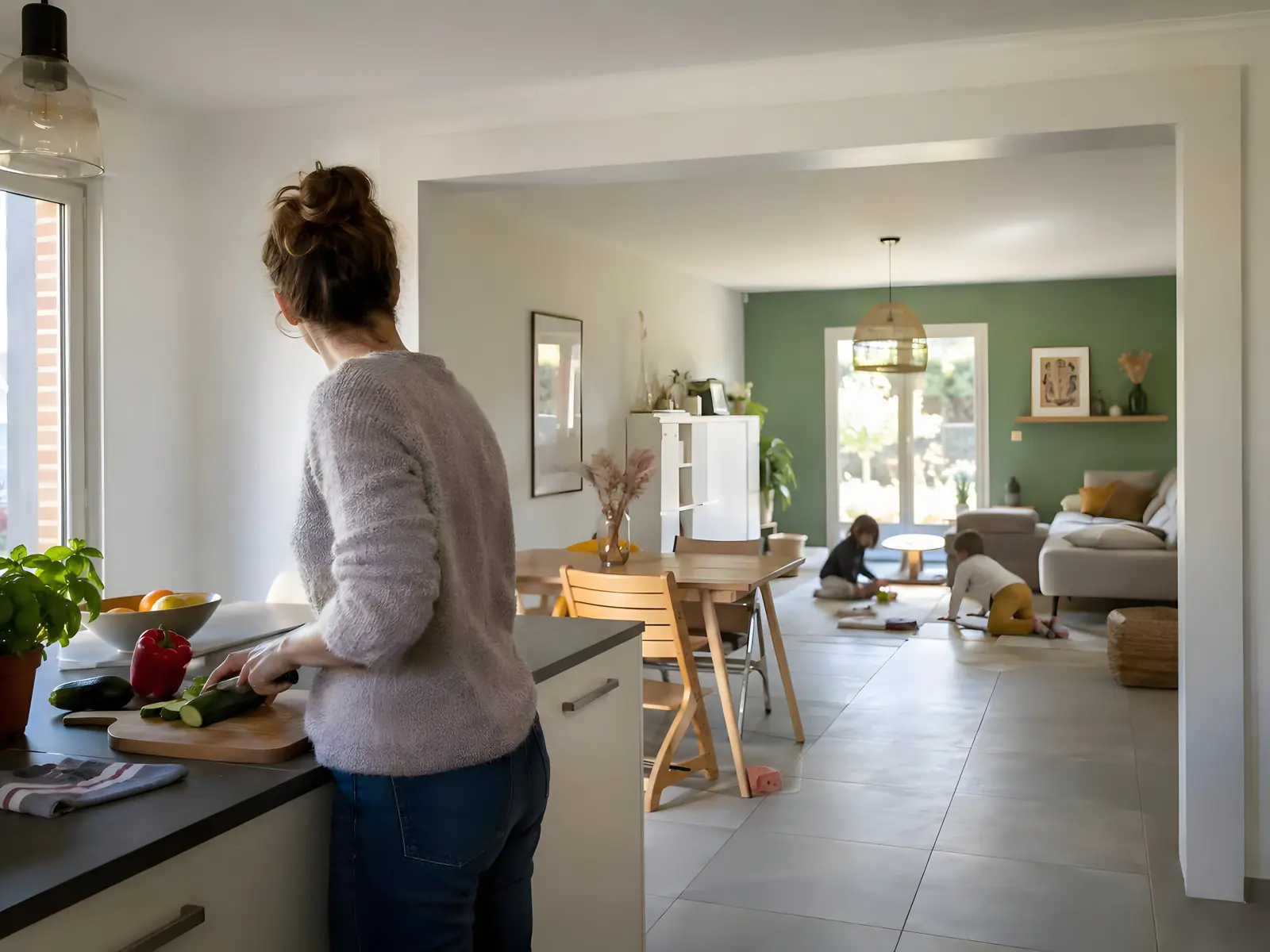 Femme qui coupe des légumes dans la cuisine, face à une grande ouverture sur le séjour où jouent deux enfants