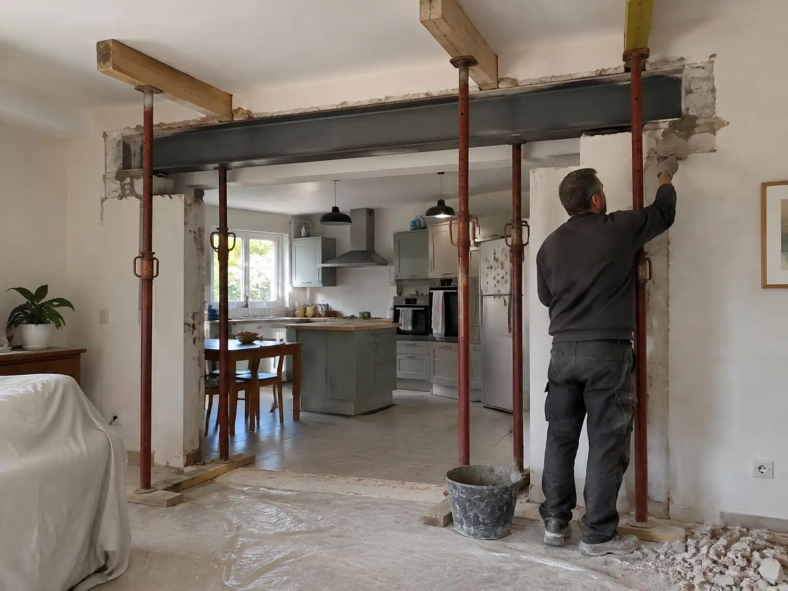 Ouverture entre séjour et cuisine sous étais, IPN neuf en place, maçon qui garnit son appui au mortier