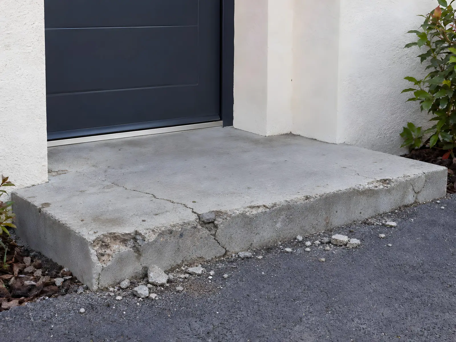 Marche d’entrée en béton fendue, écornée et effritée sur le devant, gravats sur l’enrobé au pied de la porte