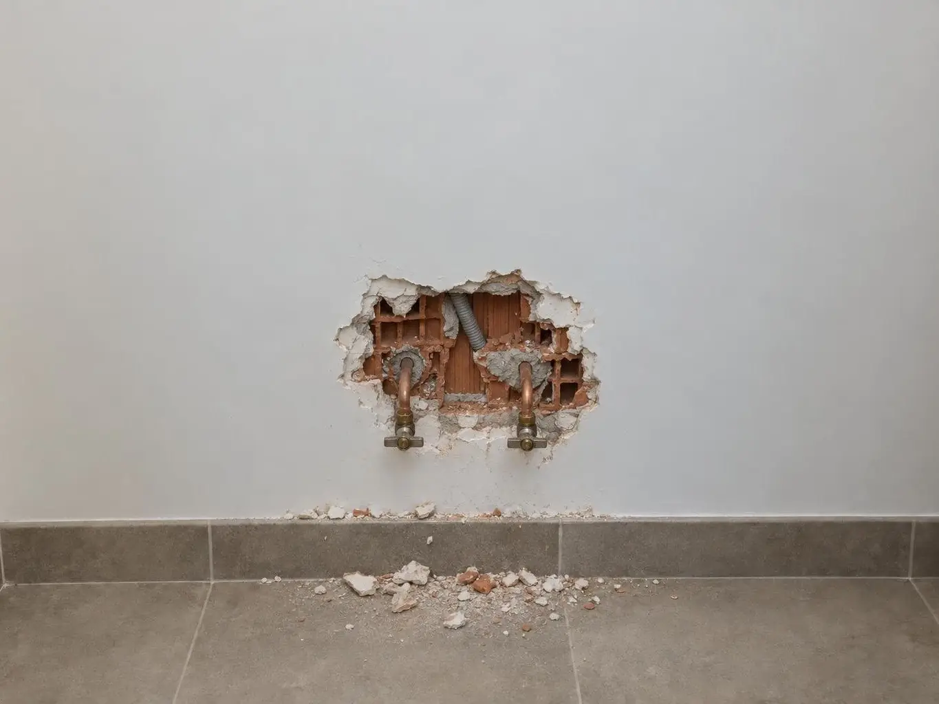 Mur blanc de salle de bains éventré autour de deux tuyaux en cuivre, briques creuses à nu, débris de plâtre au sol