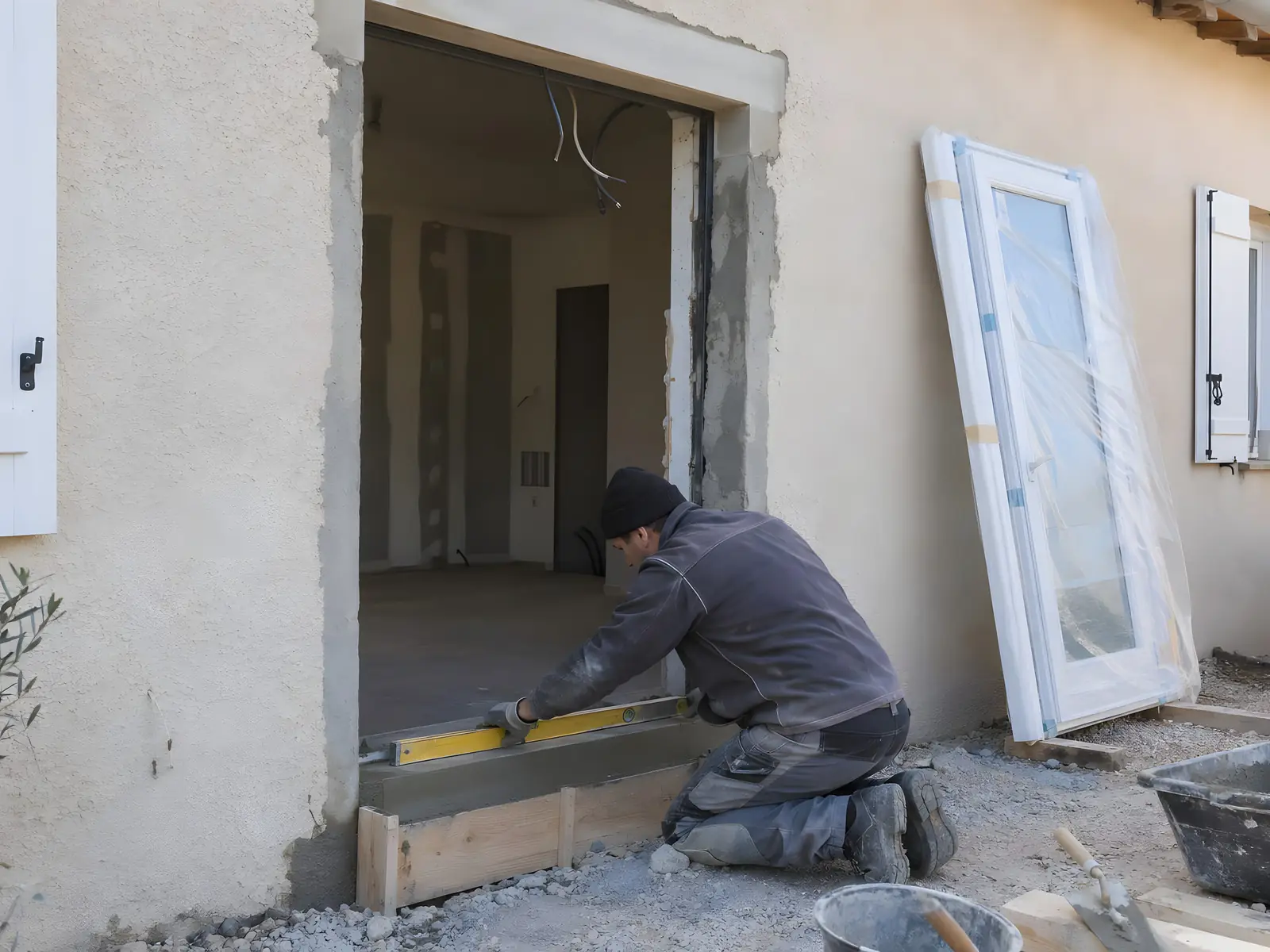 Maçon à genoux qui vérifie au niveau le seuil d’une porte-fenêtre agrandie, menuiserie neuve posée contre le mur