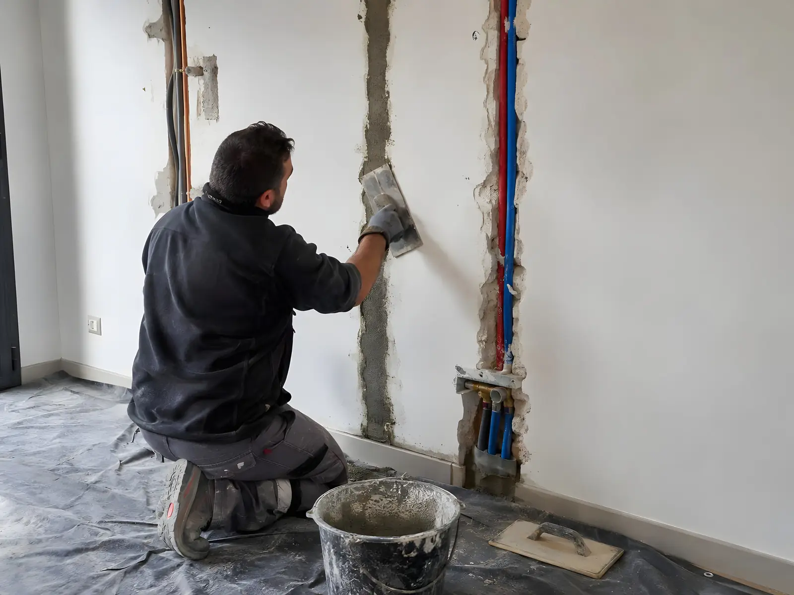 Maçon à genoux qui rebouche au mortier les saignées d’un mur blanc, gaines et tuyaux rouge et bleu encore apparents