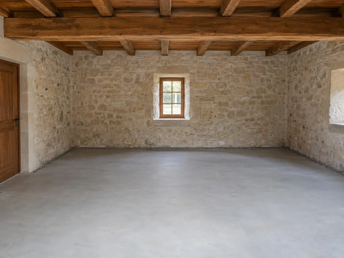 Pièce aux murs en pierre et plafond à poutres, dalle de béton gris clair lisse bordée d’une fine bande de gravier