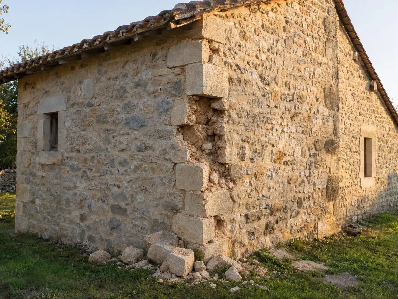 Angle d’une dépendance en pierre au toit de tuiles anciennes, pierres d’angle tombées dans l’herbe, blocage à nu